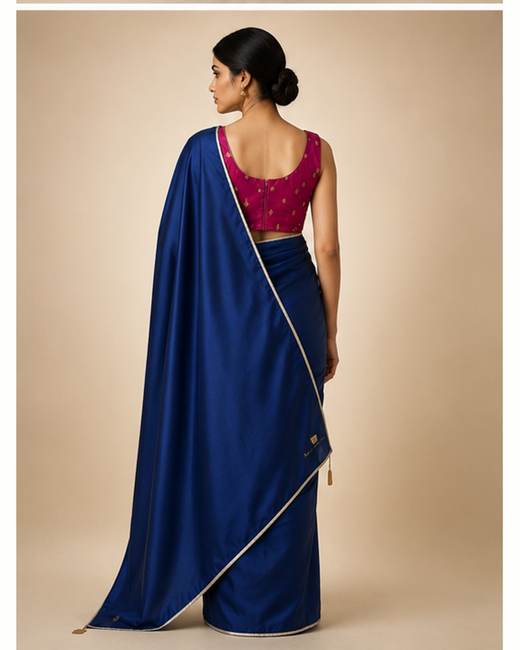 Navy Blue Satin Saree with Silver Lace