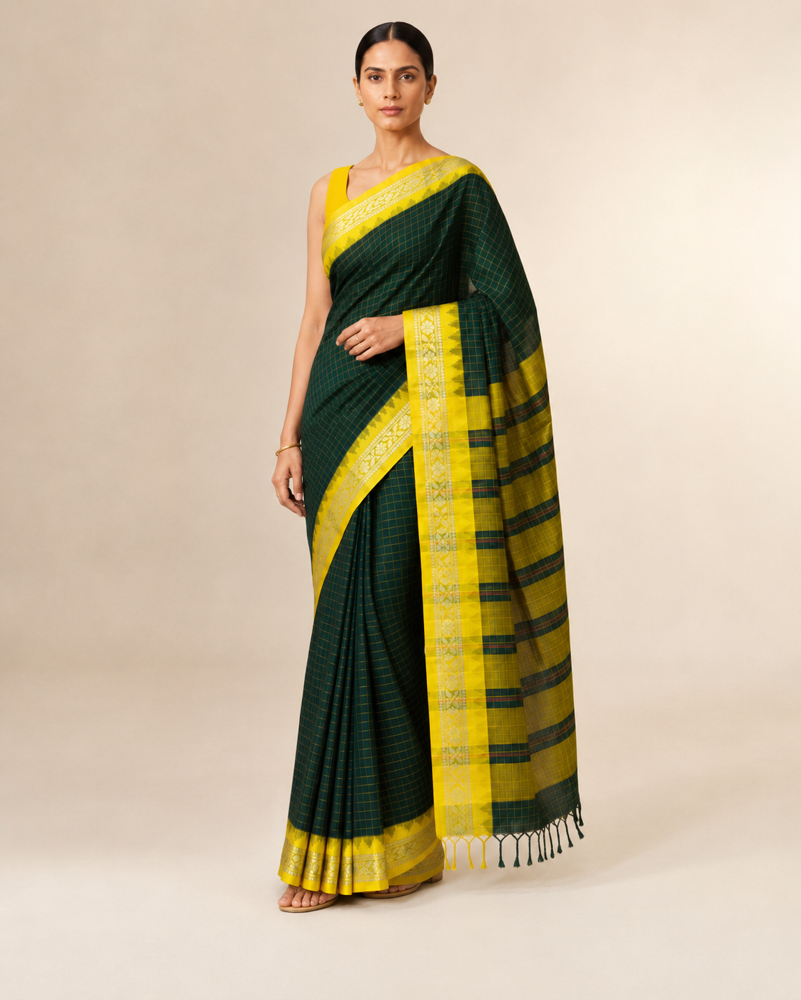 Dark Green Gadwal Cotton Saree with Yellow Border
