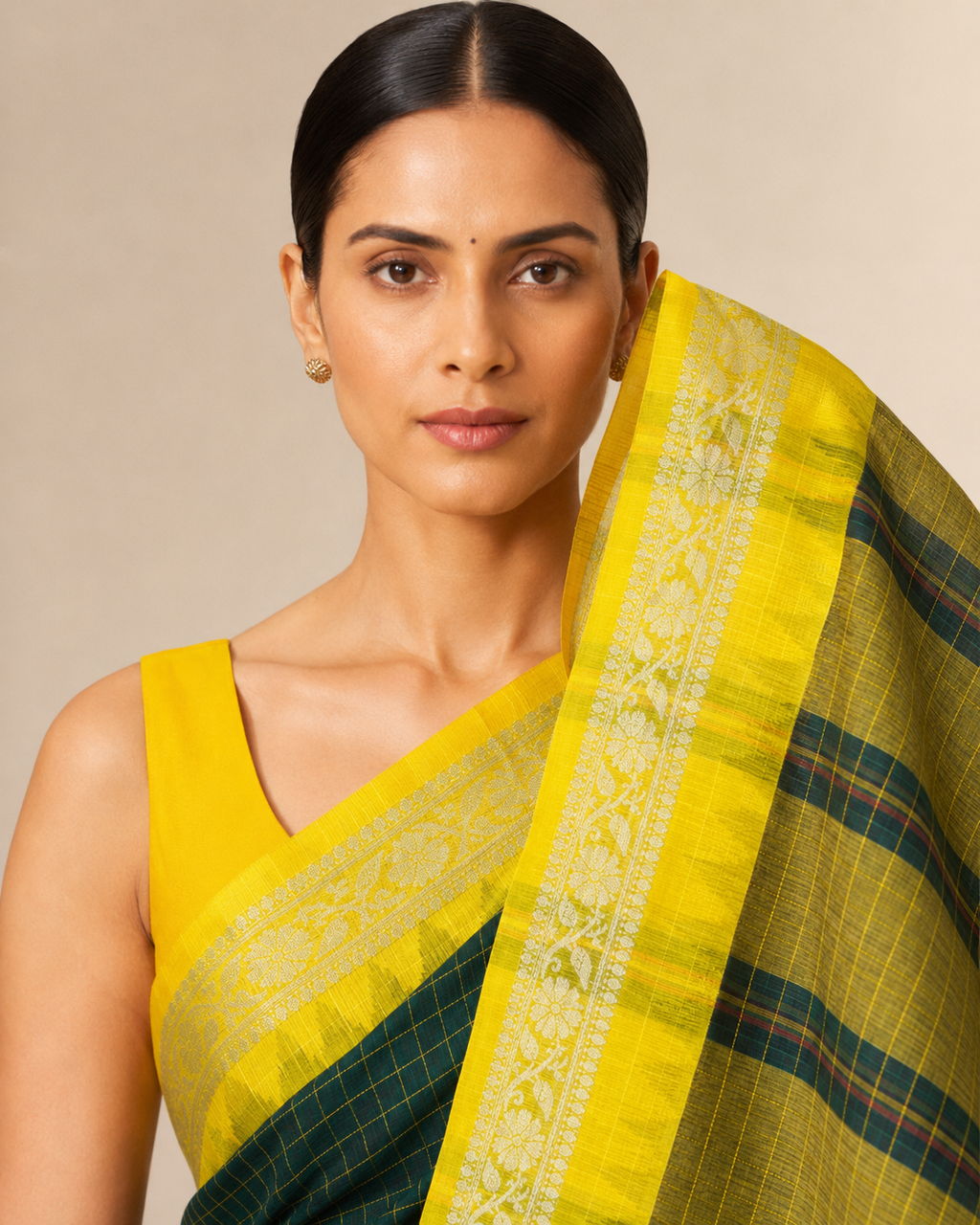 Dark Green Gadwal Cotton Saree with Yellow Border