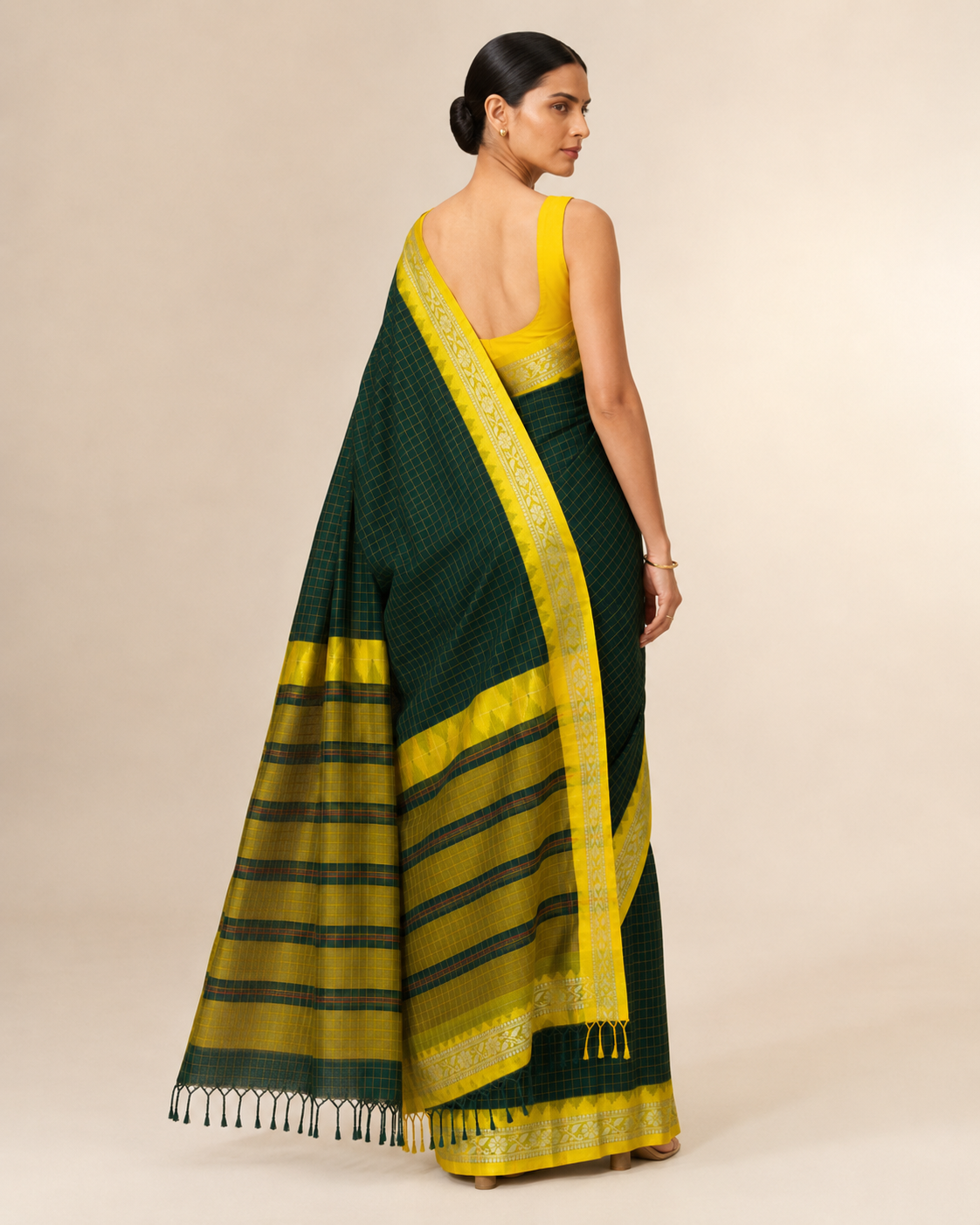 Dark Green Gadwal Cotton Saree with Yellow Border