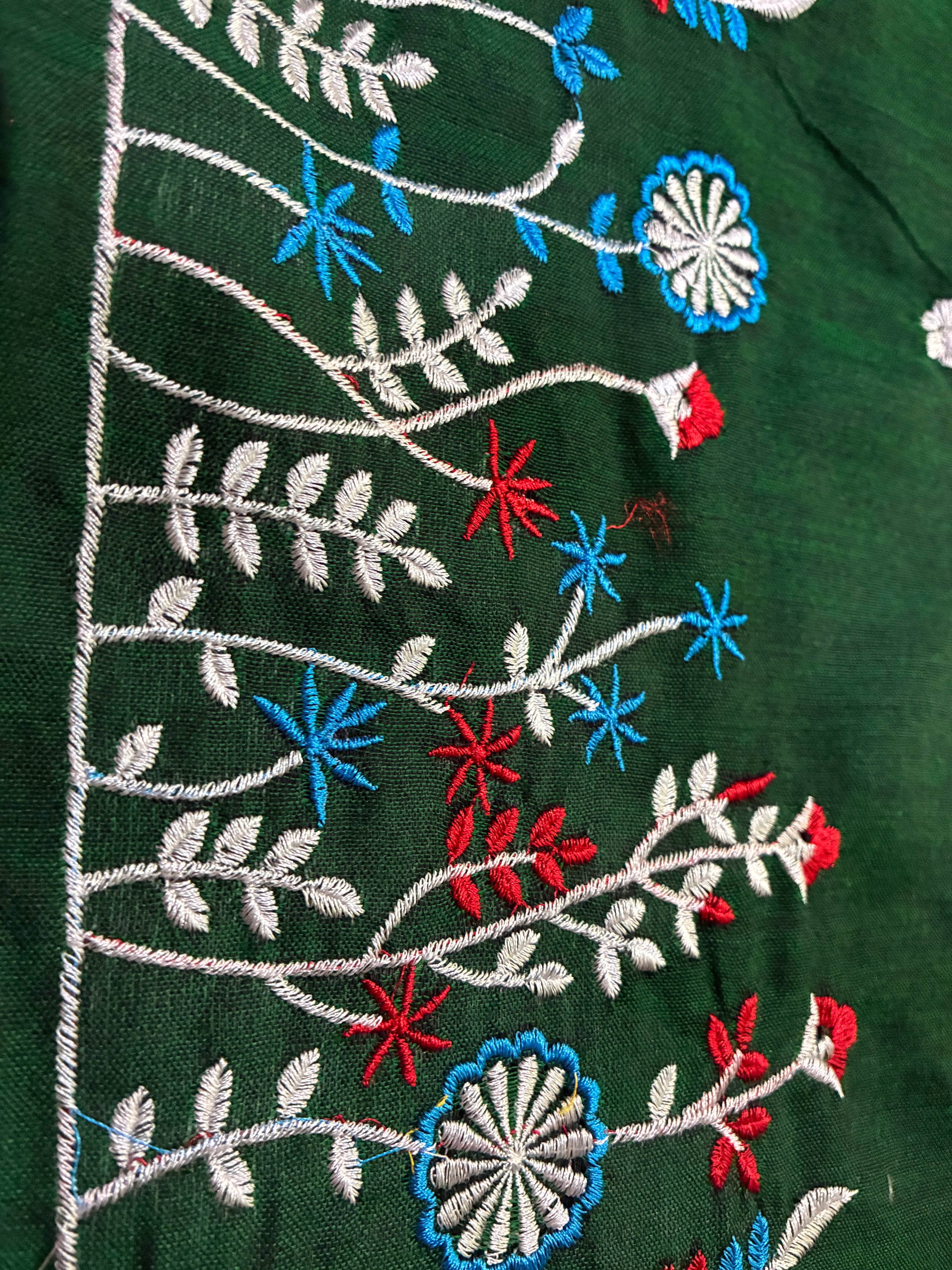 Bottle Green Khadi Saree with Floral Embroidery