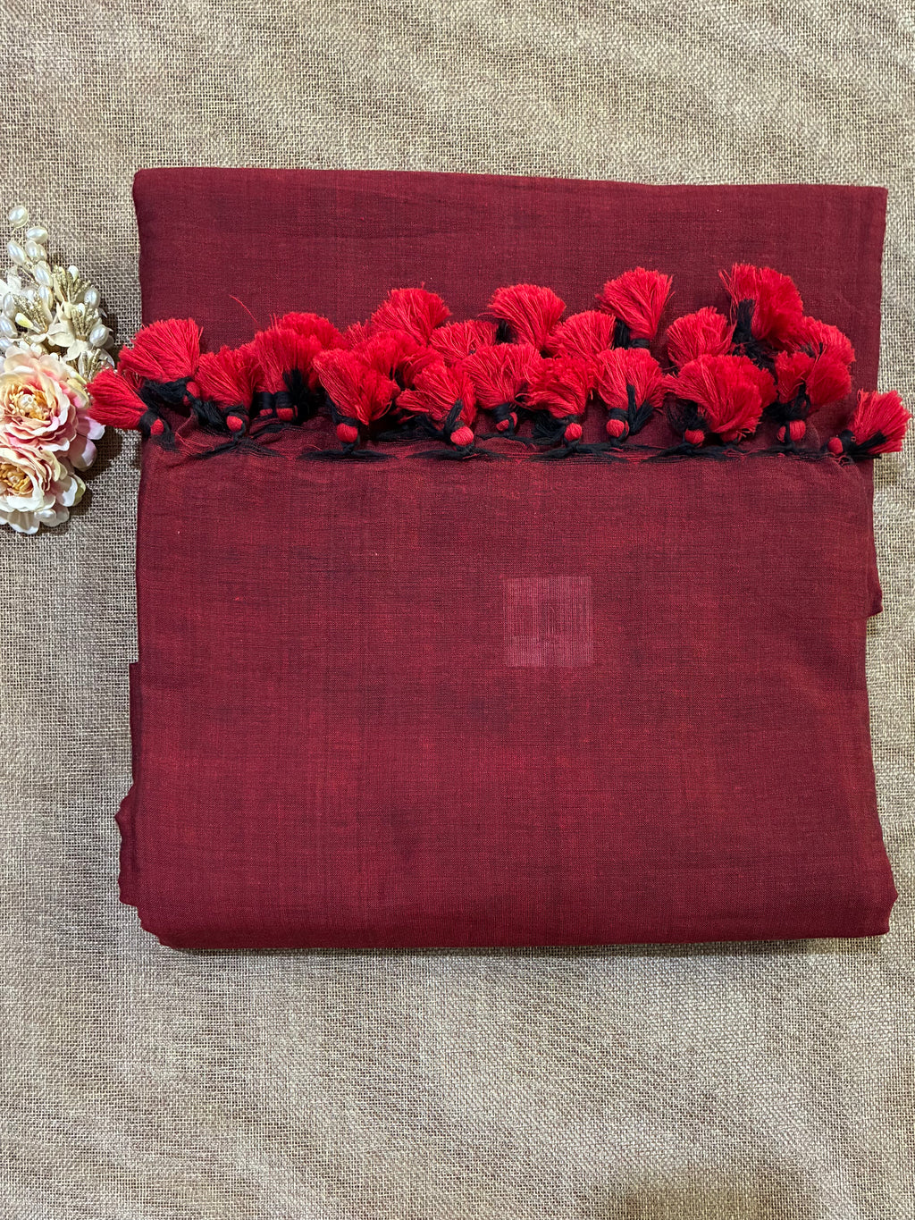 Red Khadi Saree with Kantha Work BP