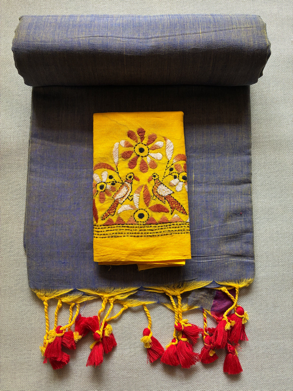 Grey with Soft Yellow Tint Saree with Kantha Work BP (Copy)