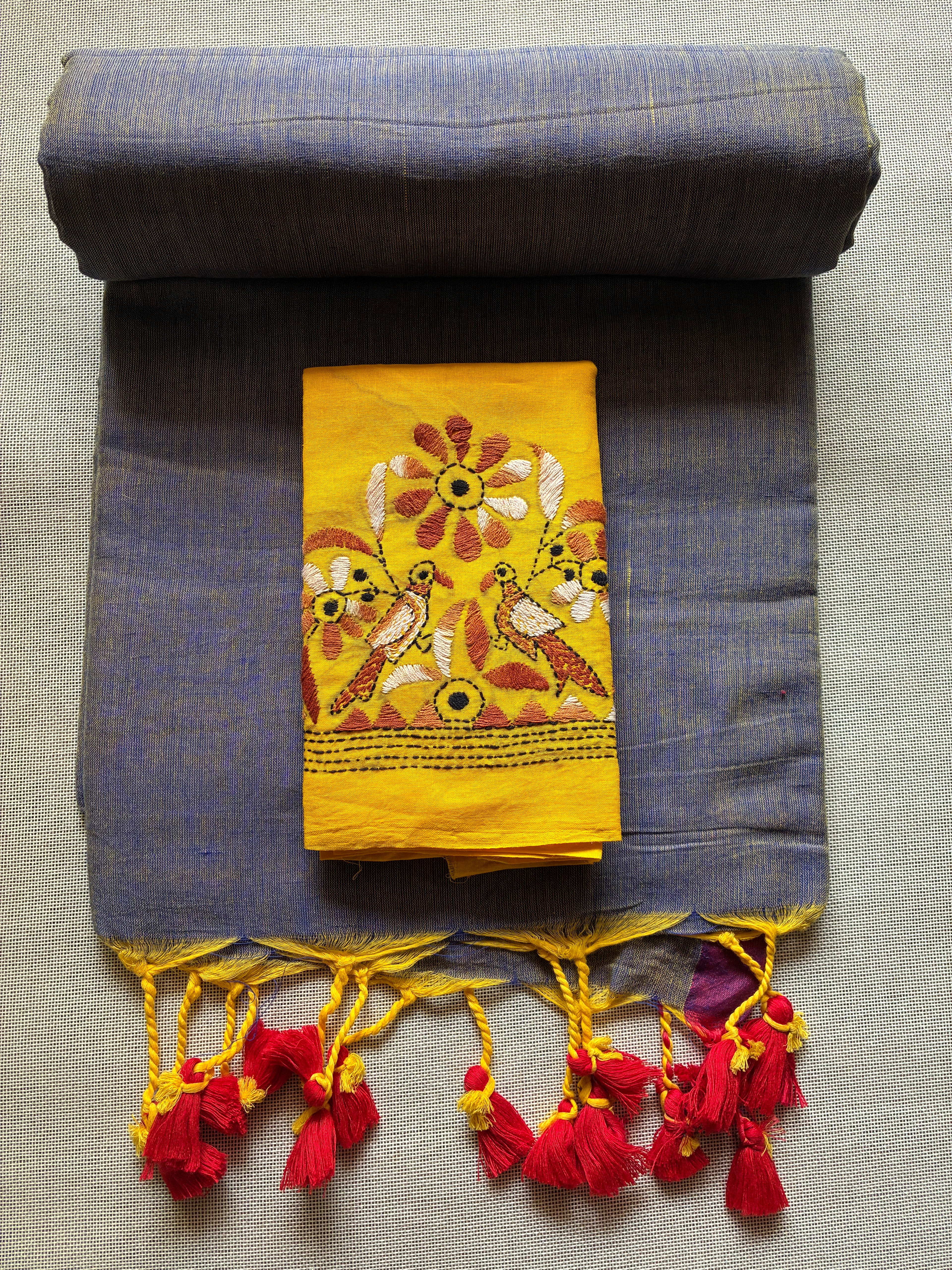 Grey with Soft Yellow Tint Saree with Kantha Work BP (Copy)
