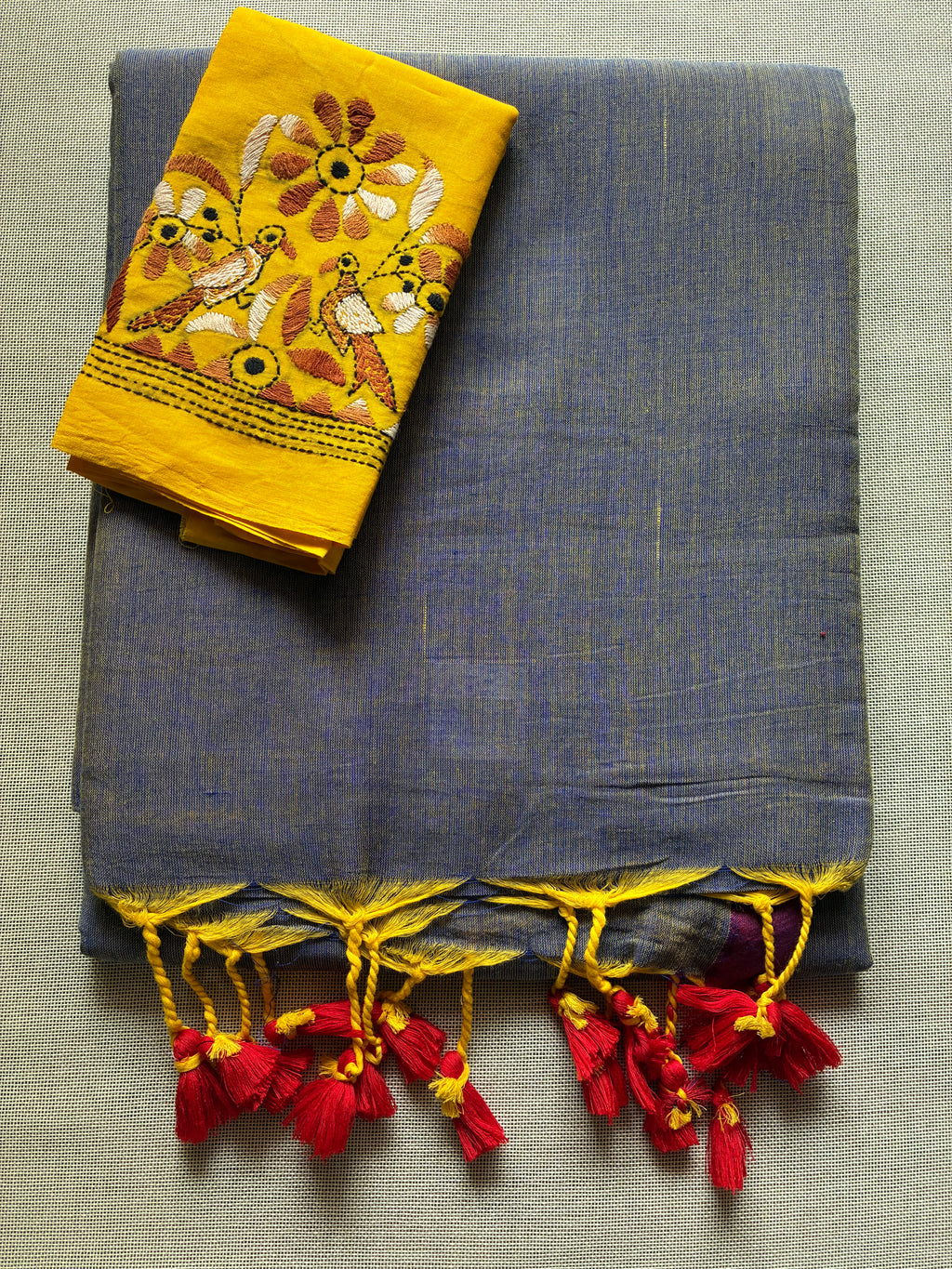 Grey with Soft Yellow Tint Saree with Kantha Work BP (Copy)