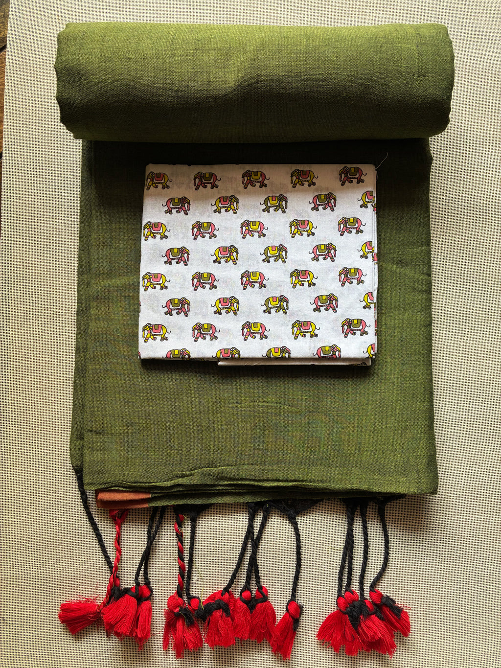 Olive Khadi Saree with Elephant Print BP