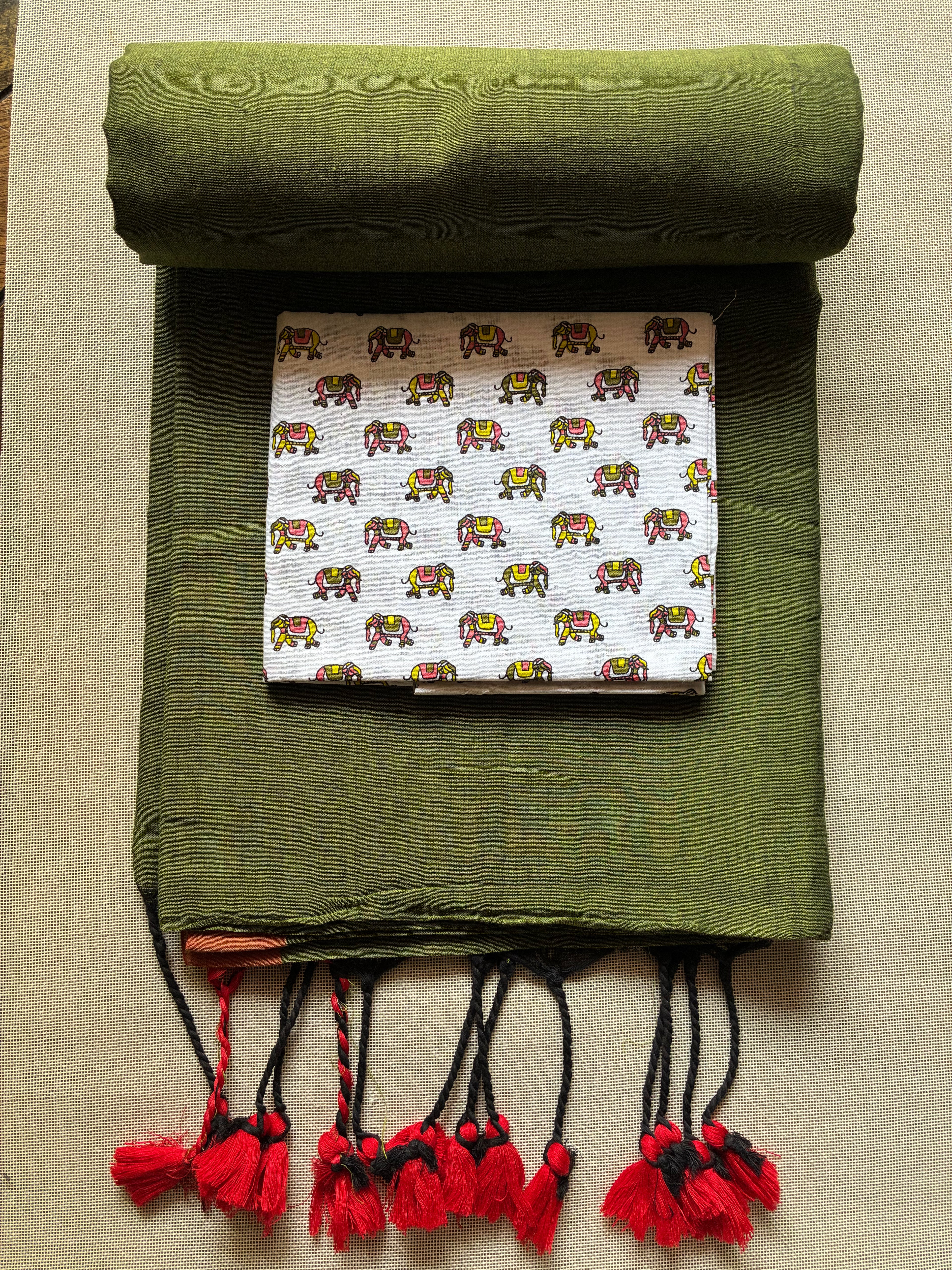Olive Khadi Saree with Elephant Print BP