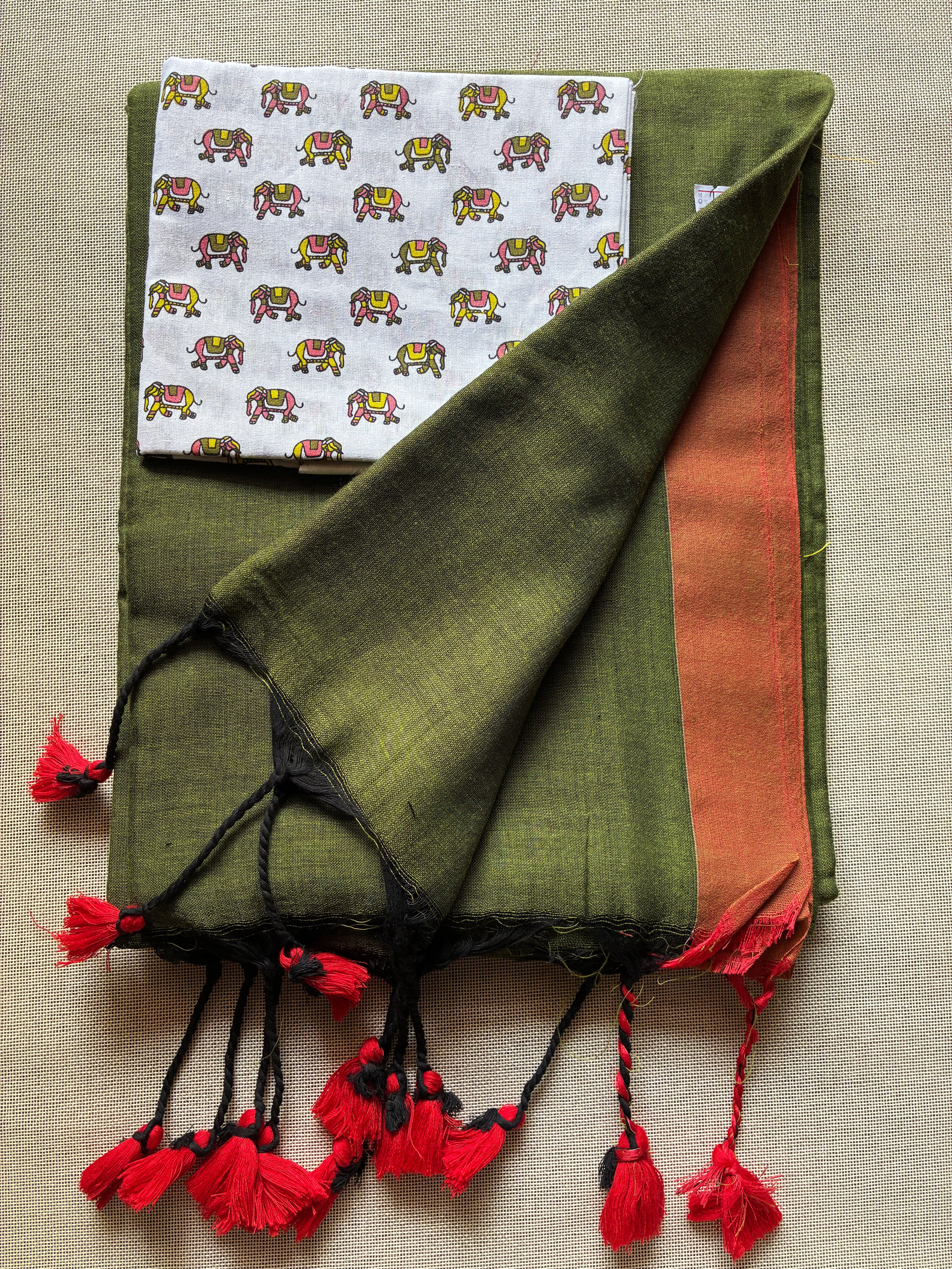 Olive Khadi Saree with Elephant Print BP