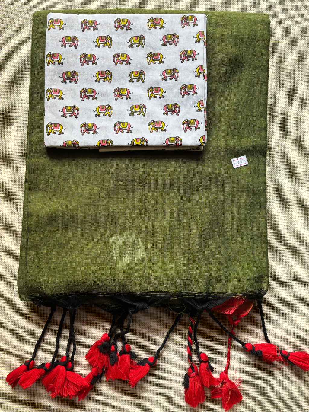 Olive Khadi Saree with Elephant Print BP