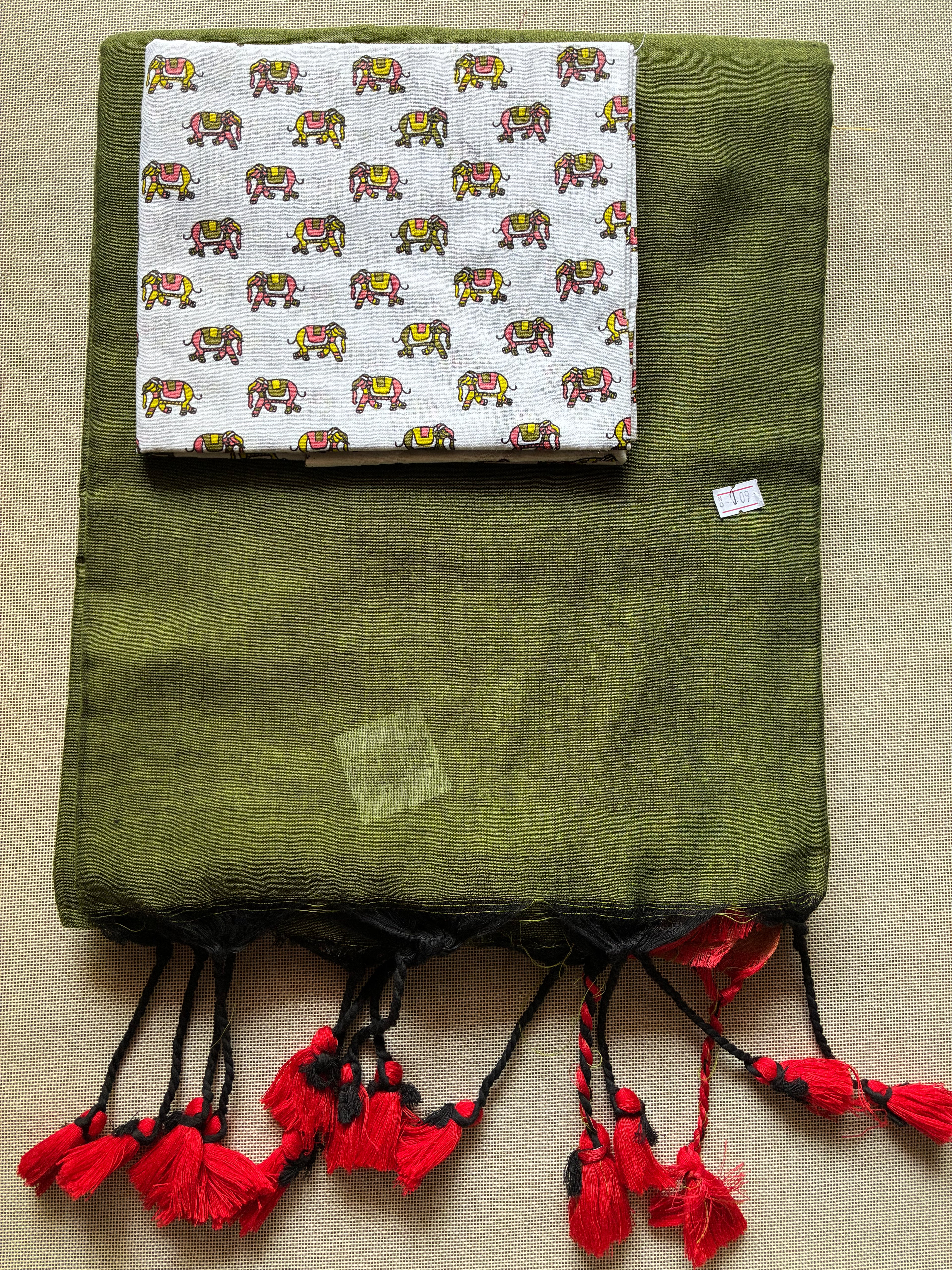 Olive Khadi Saree with Elephant Print BP