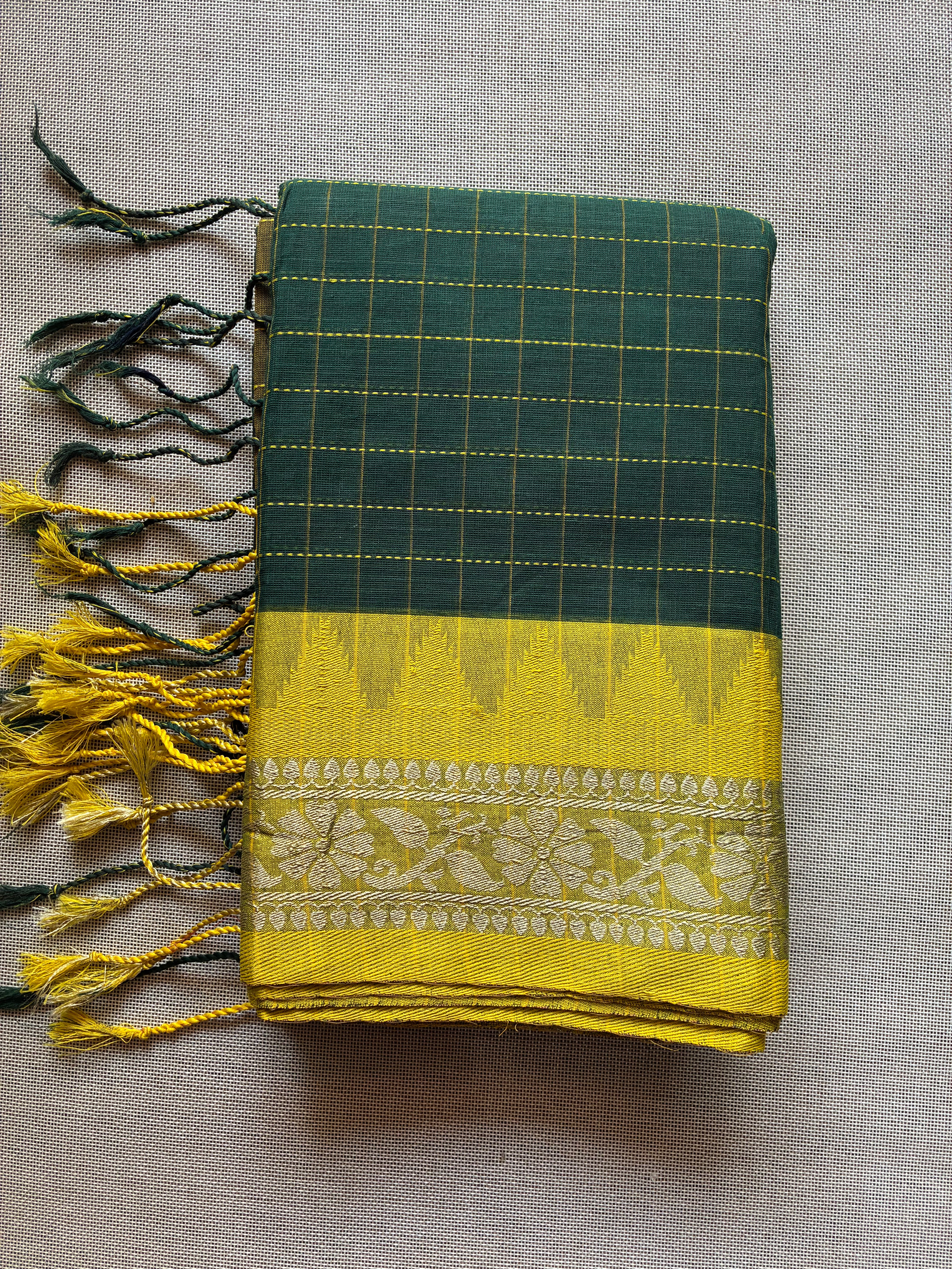 Dark Green Gadwal Cotton Saree with Yellow Boarded
