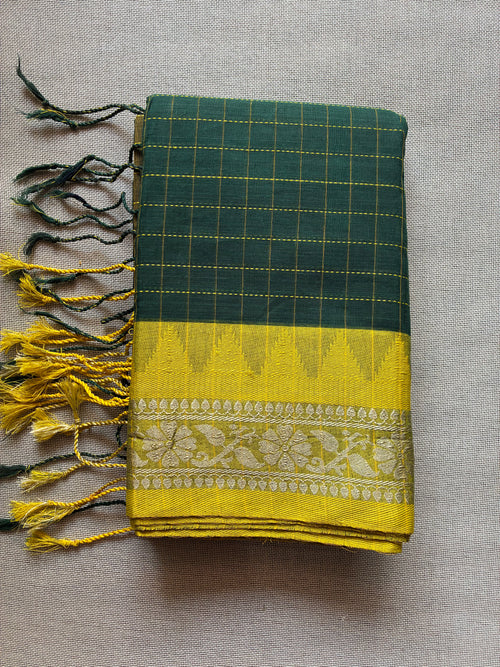 Dark Green Gadwal Cotton Saree with Yellow Boarded
