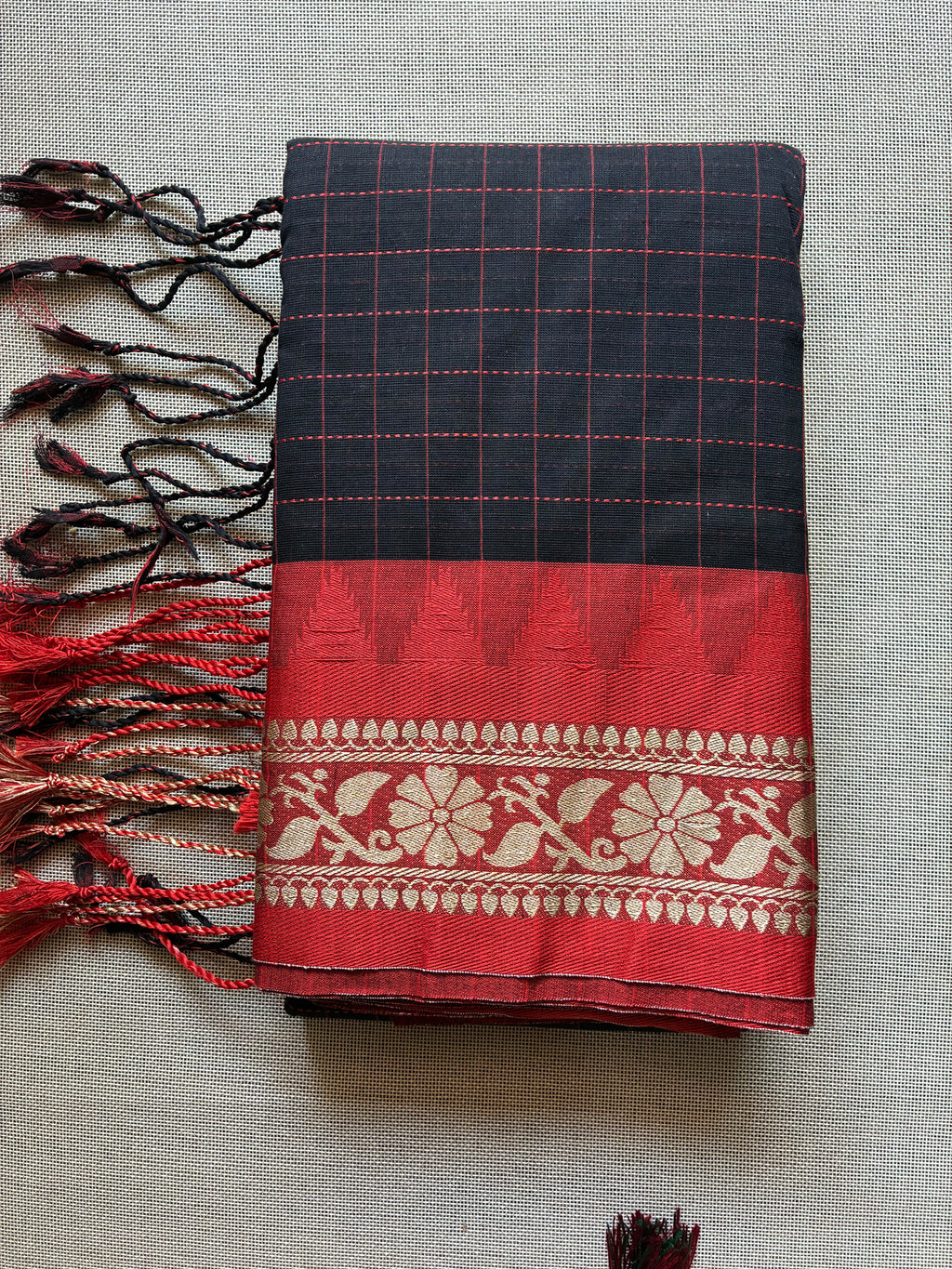 Black Gadwal Cotton Saree with Red Boarder