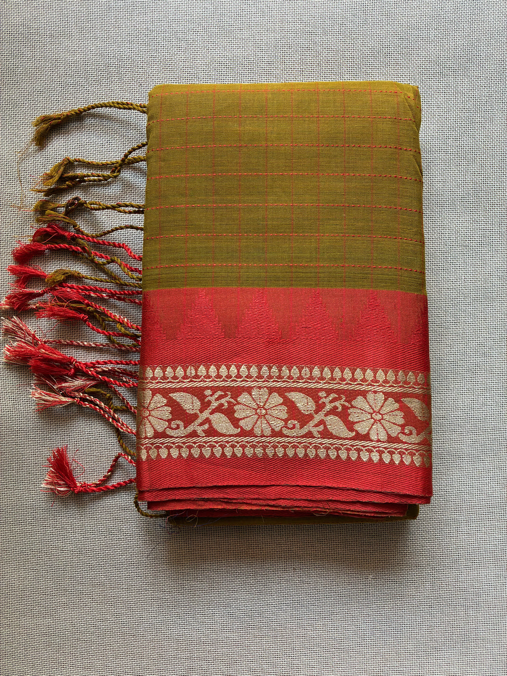 Olive Green Gadwal Cotton Saree with Orange Border