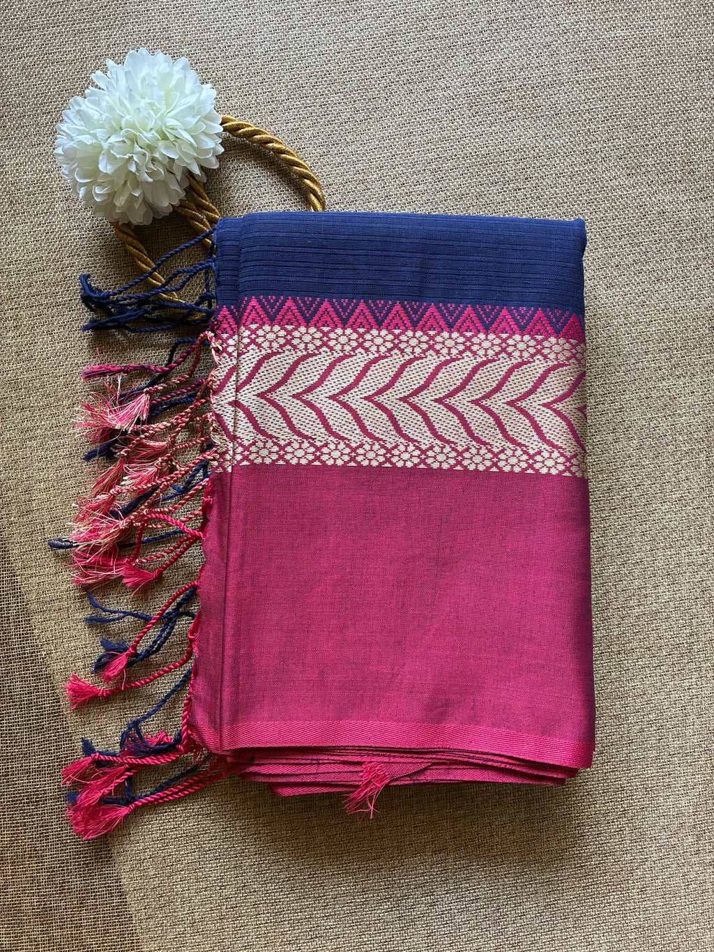 Navy Blue Dhanchora Cotton Saree with Magenta Boarder