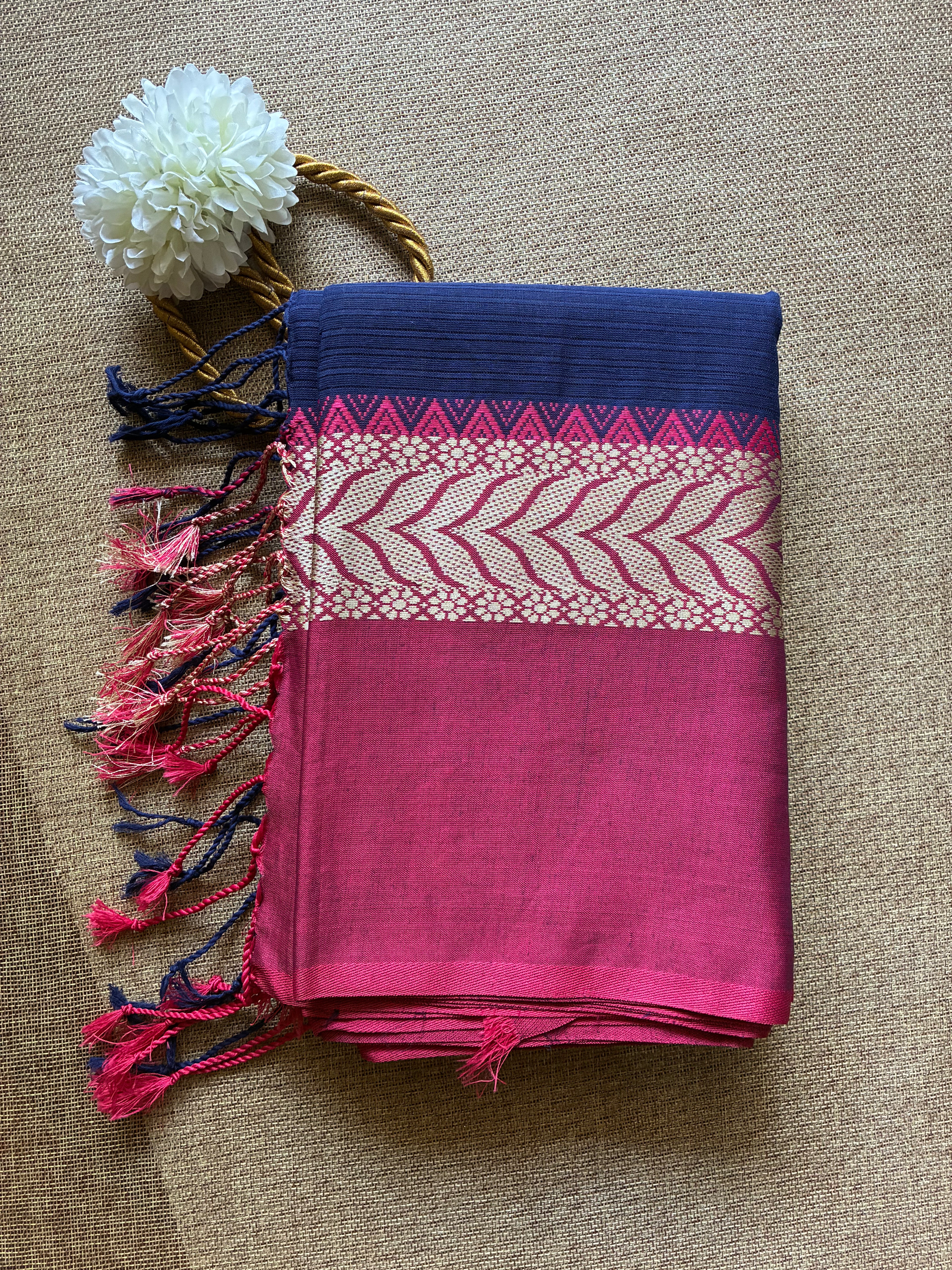 Navy Blue Dhanchora Cotton Saree with Magenta Boarder