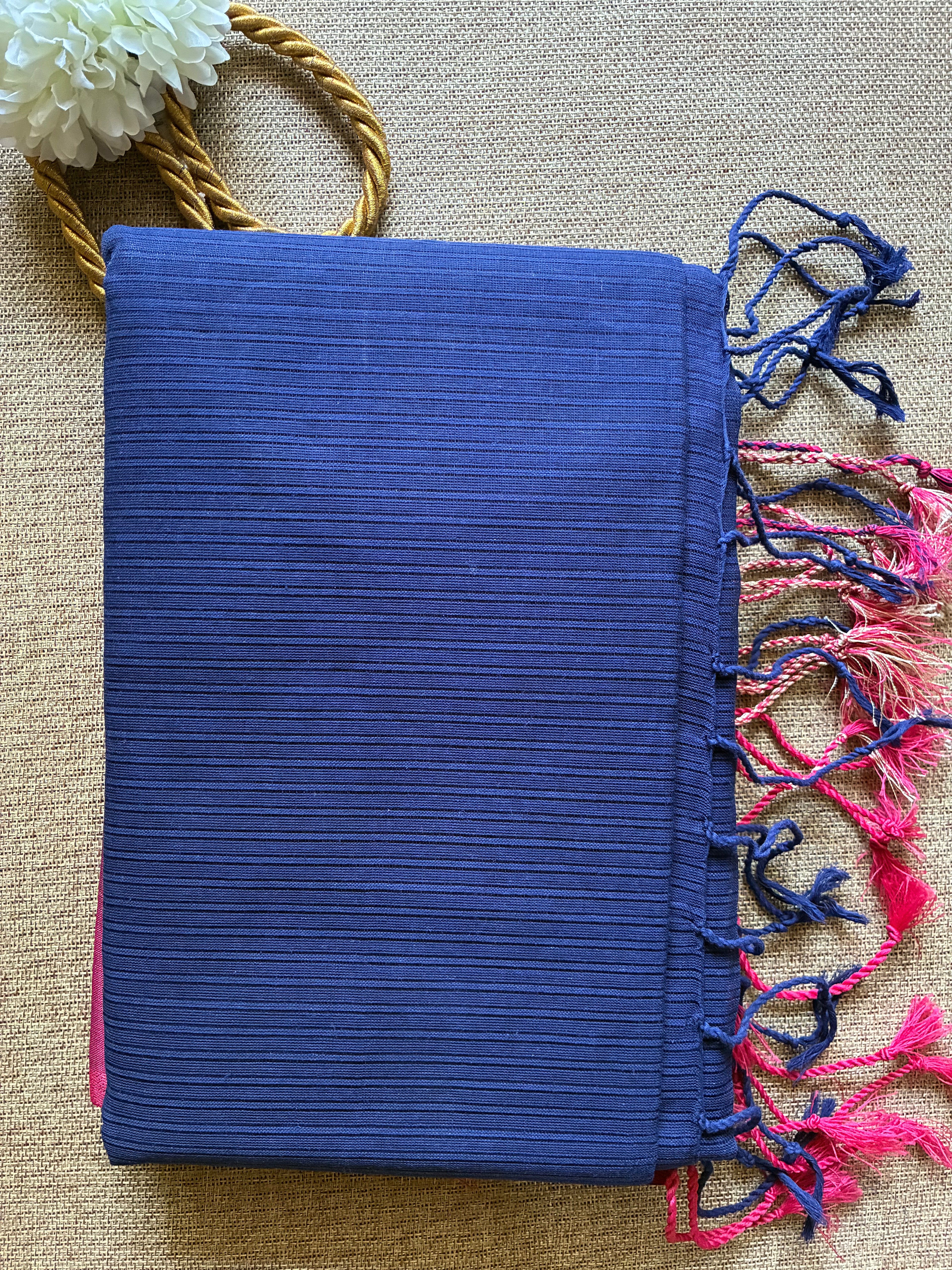 Navy Blue Dhanchora Cotton Saree with Magenta Boarder
