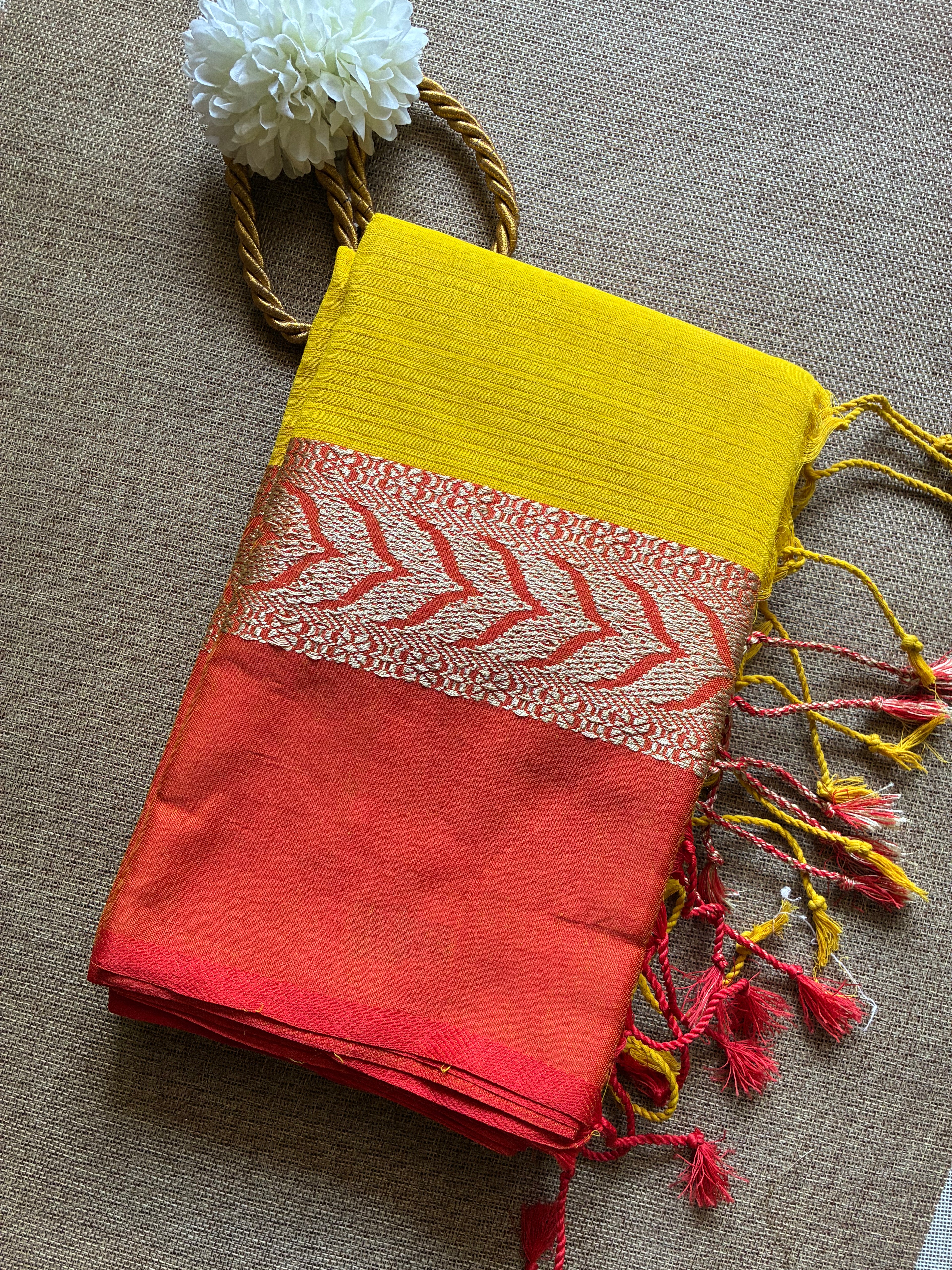 Yellow Dhanchora Cotton Saree with Orange Boarder