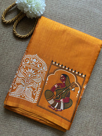 Mustard Yellow Tussar Silk Saree with Folk Art Motifs