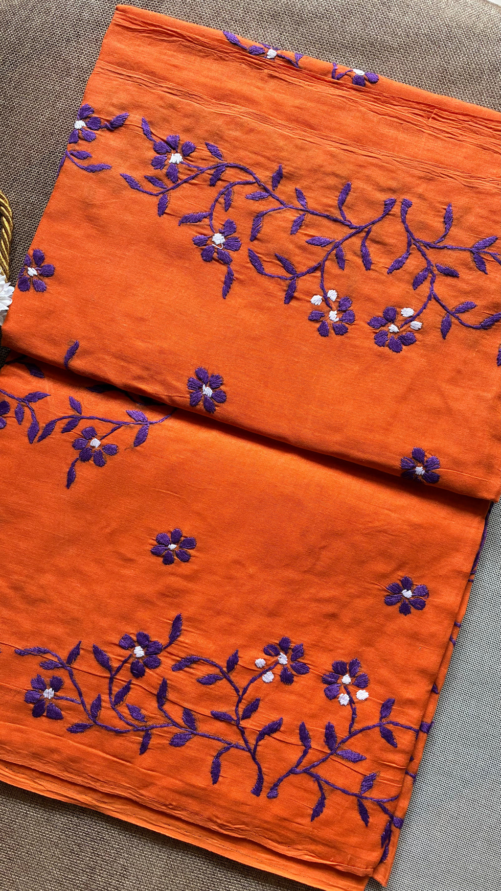Orange Organdi Stitch Cotton Saree