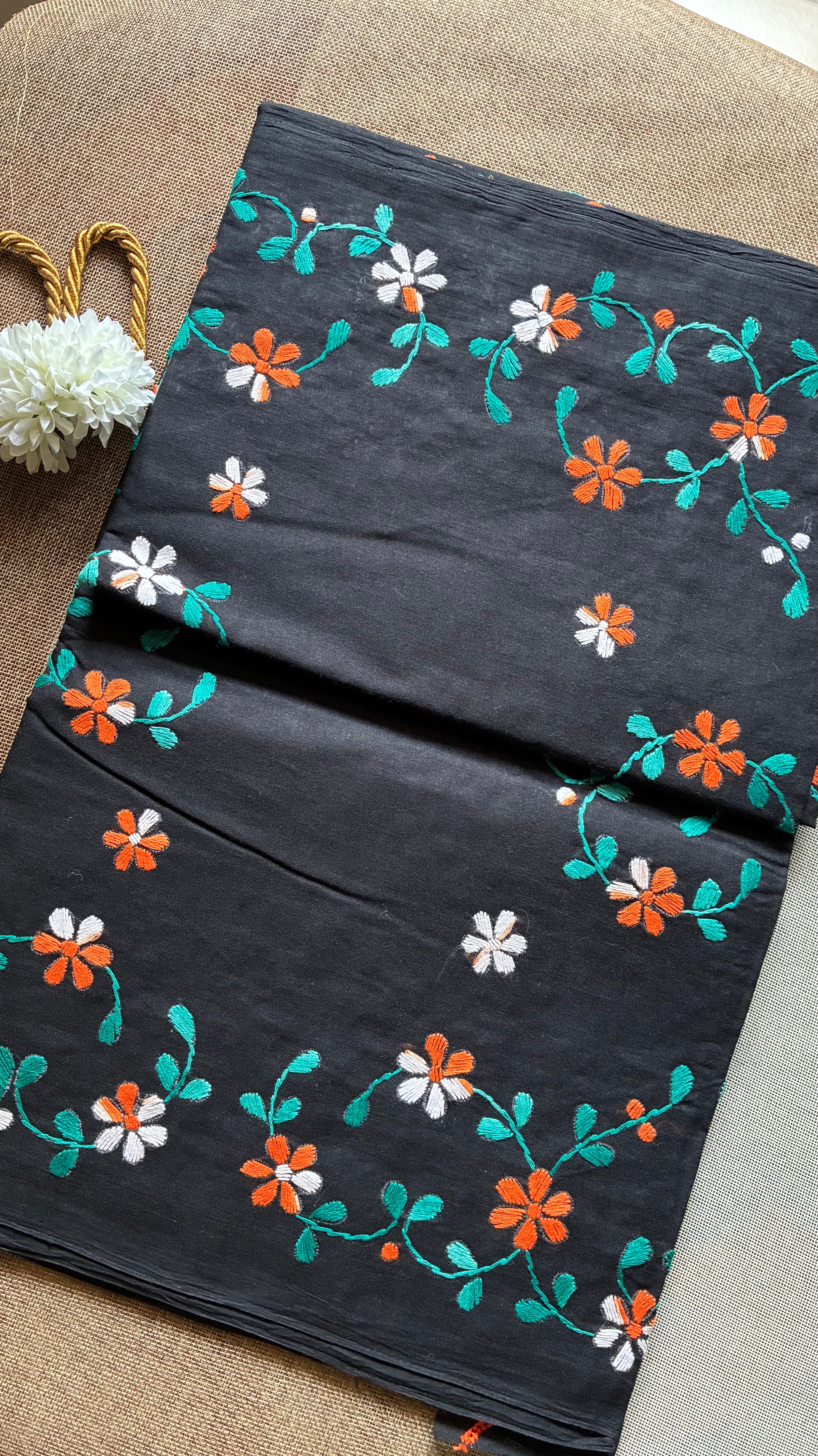 Black Organdi Stitch Cotton Saree