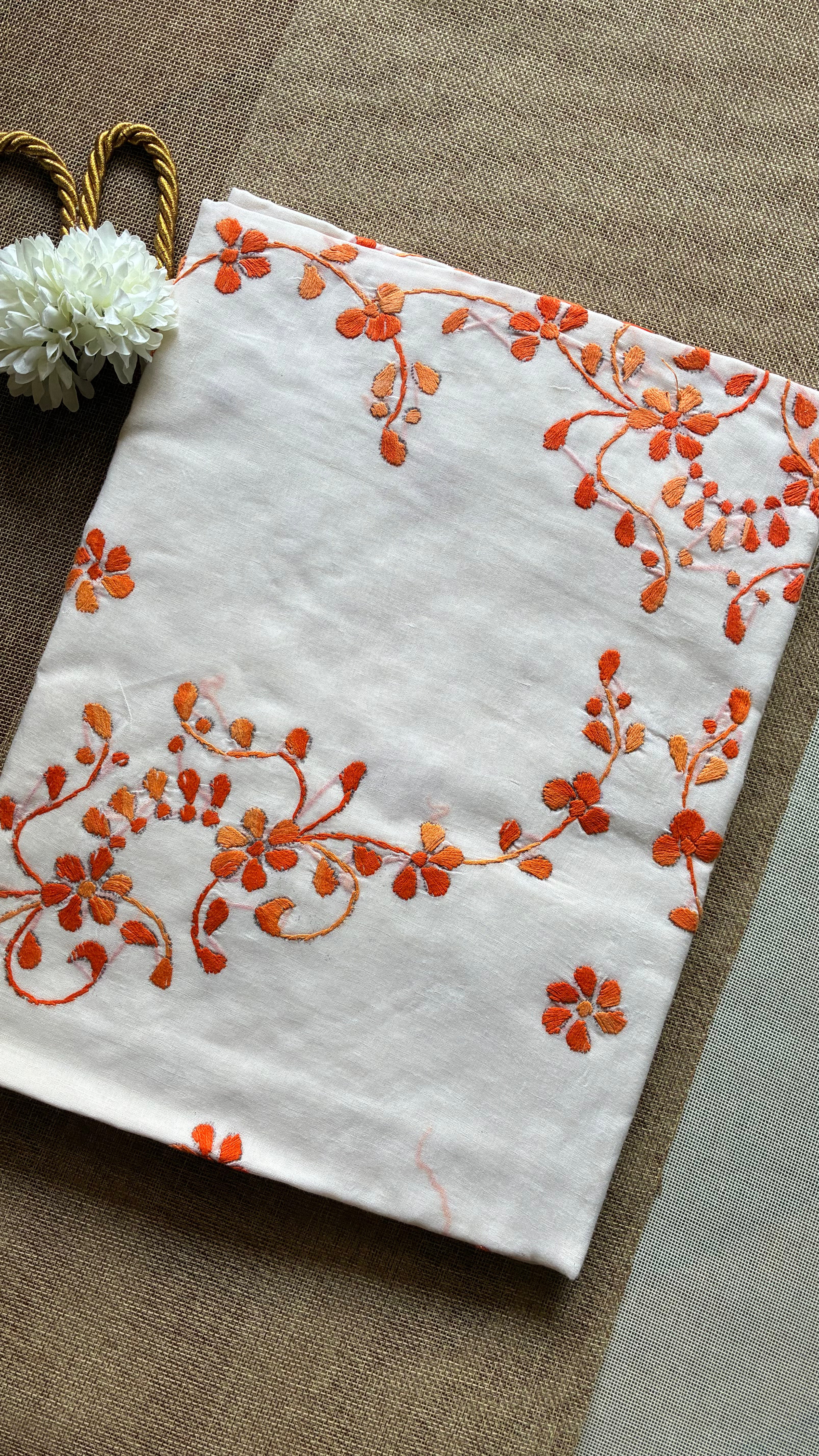 Off White Organdi Stitch Cotton Saree