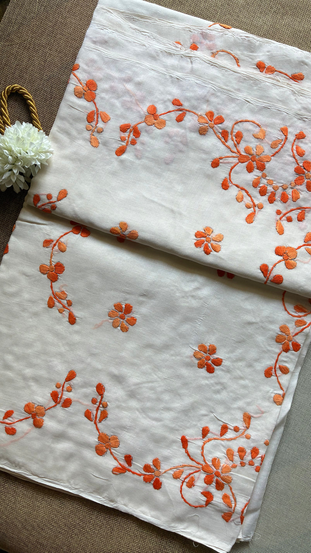 Off White Organdi Stitch Cotton Saree