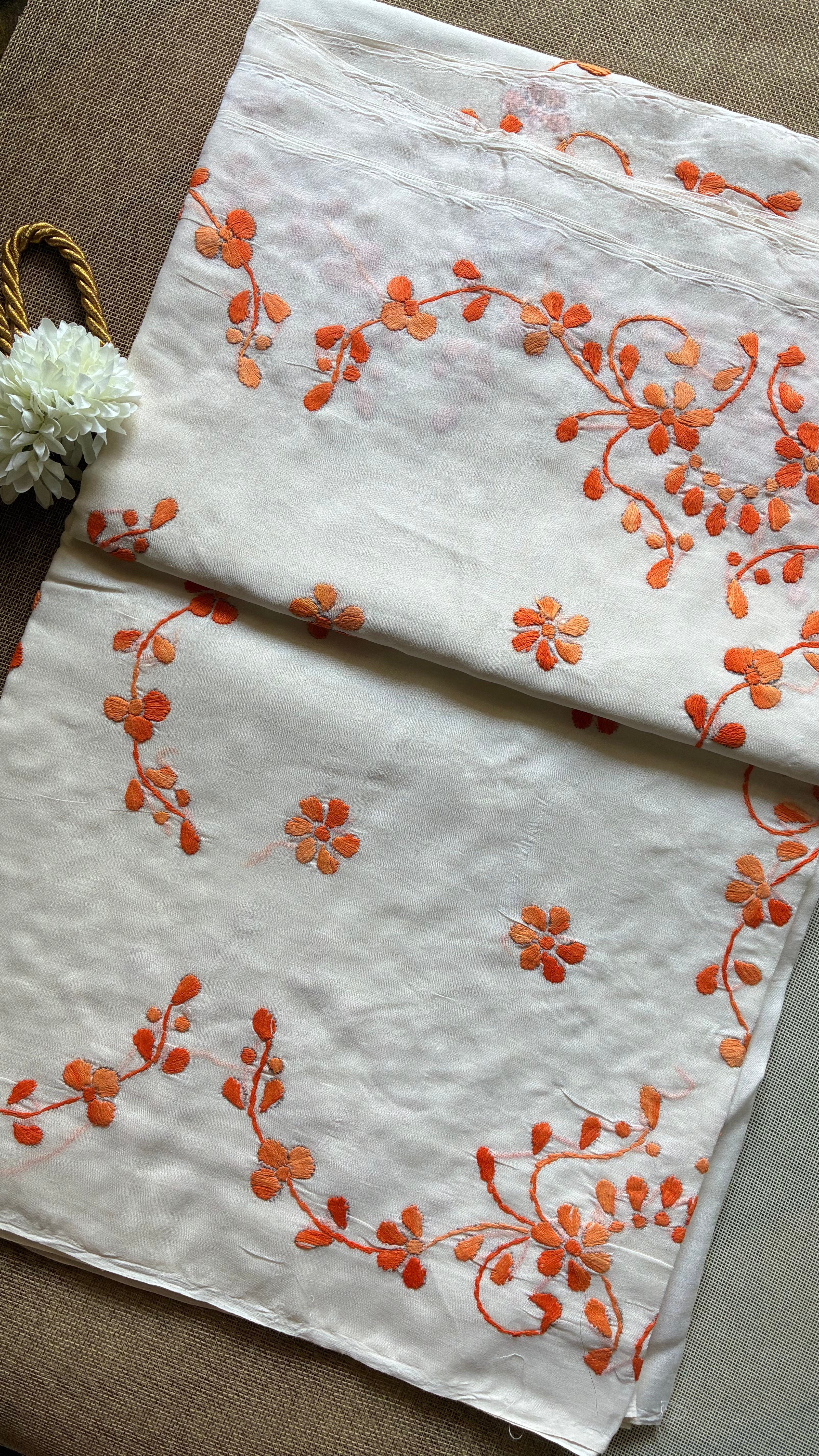 Off White Organdi Stitch Cotton Saree
