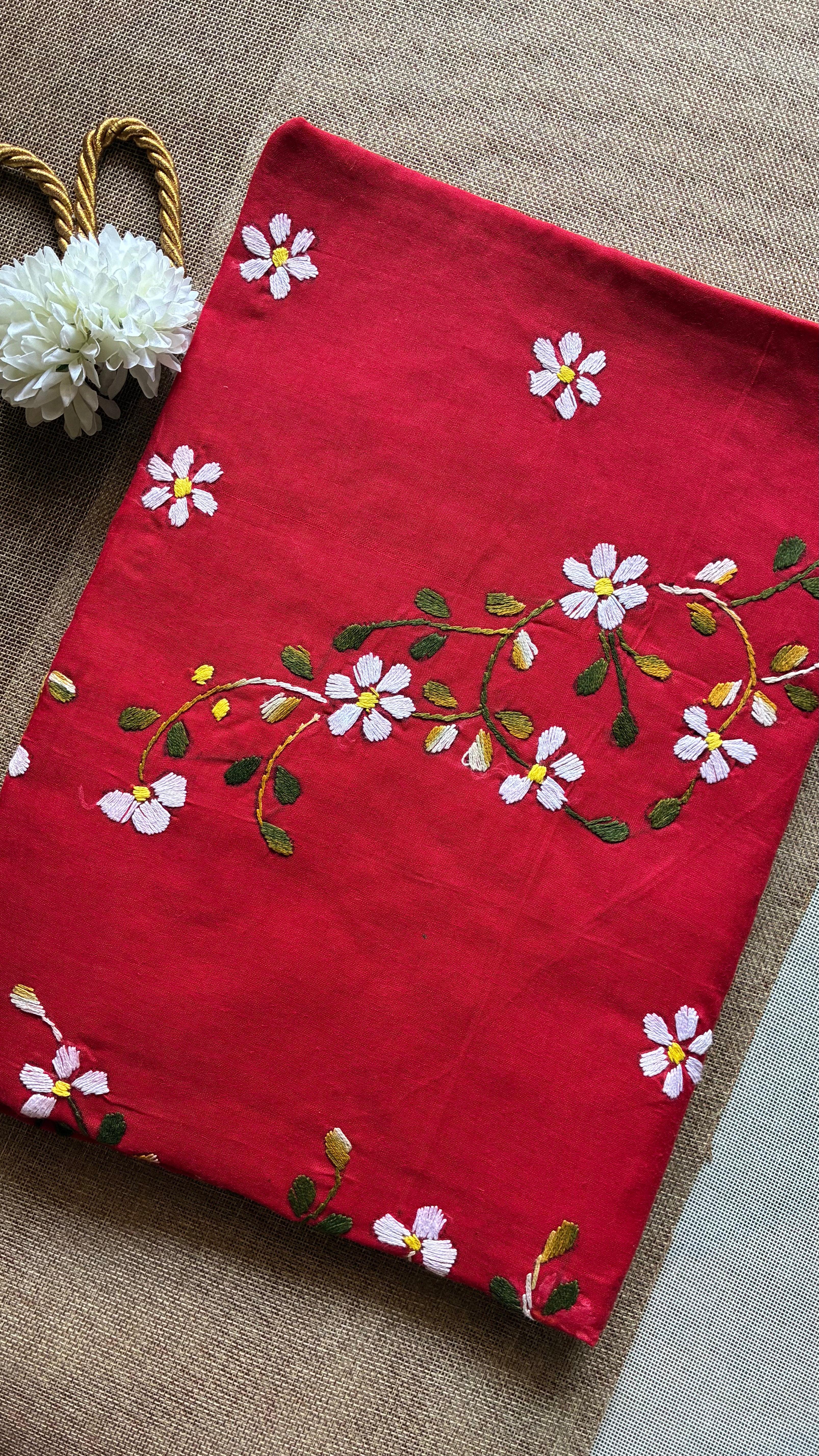 Red Organdi Stitch Cotton Saree