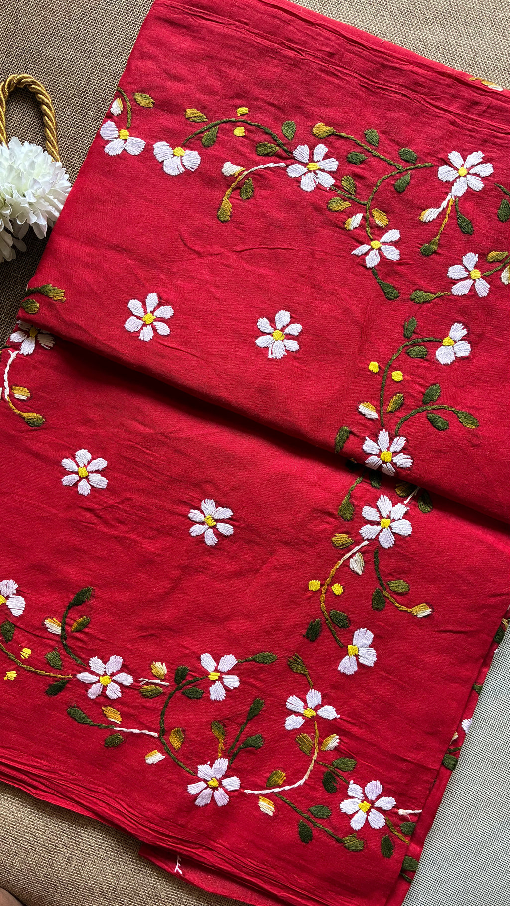 Red Organdi Stitch Cotton Saree