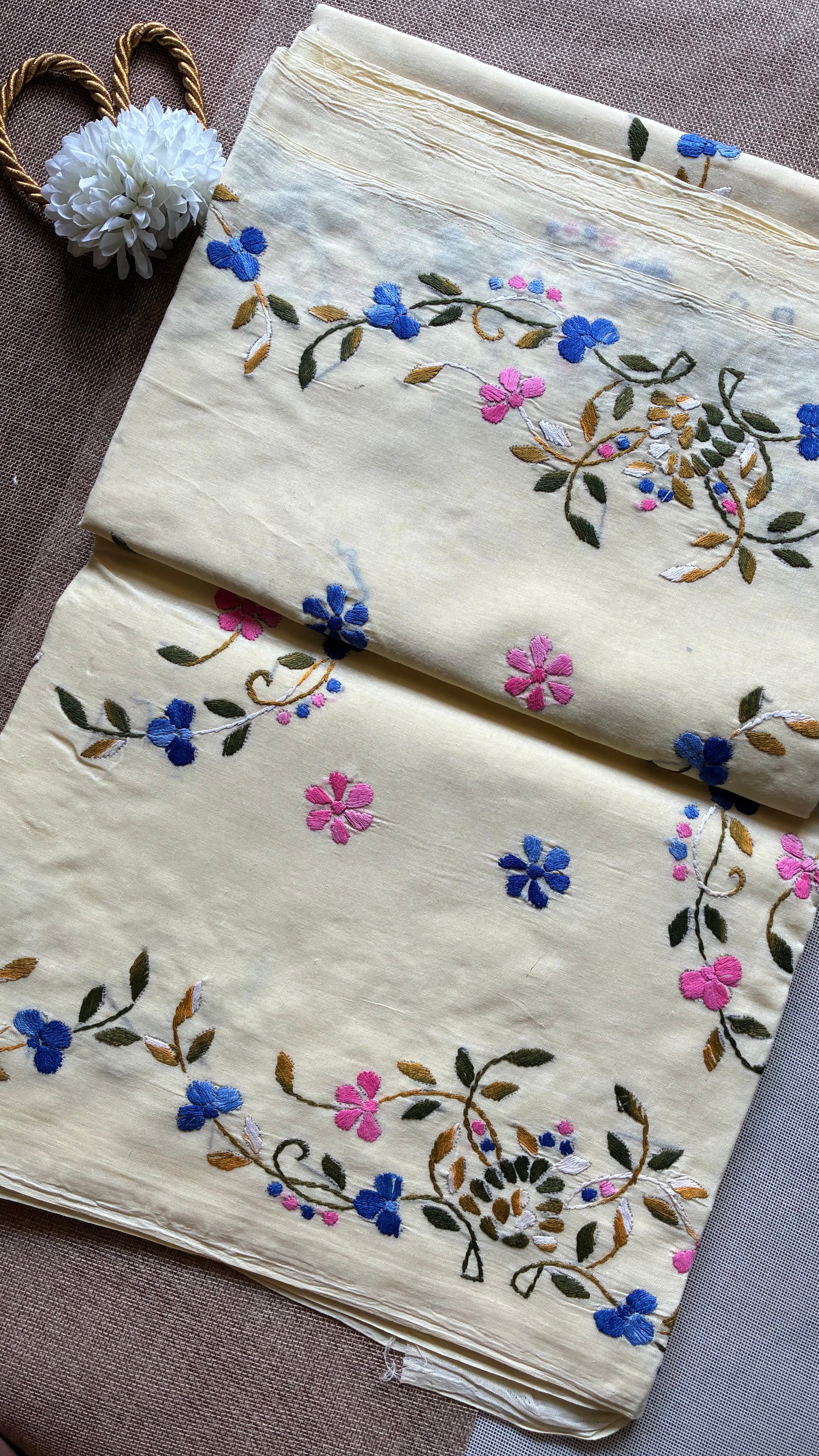 Light Yellow Organdi Stitch Cotton Saree