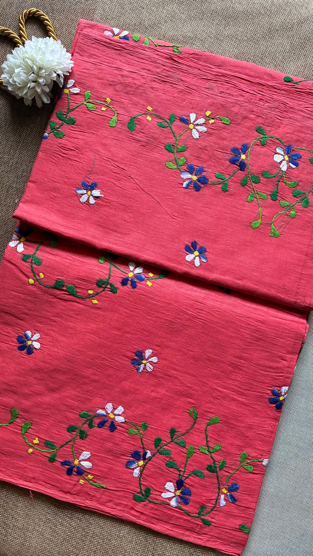 Terracotta Pink Organdi Stitch Cotton Saree