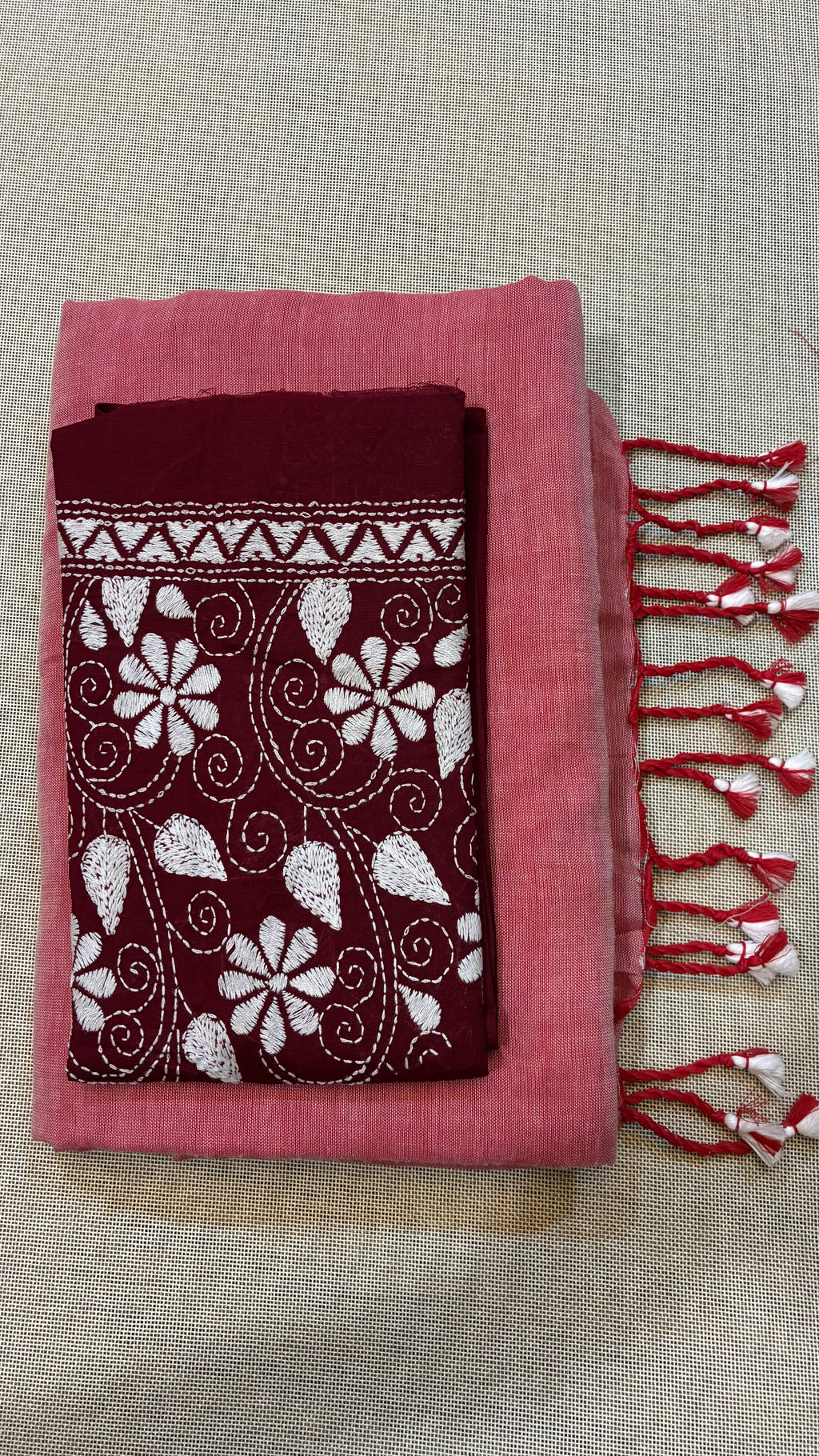 Lifgt Red Khadi Saree with Kantha Work BP