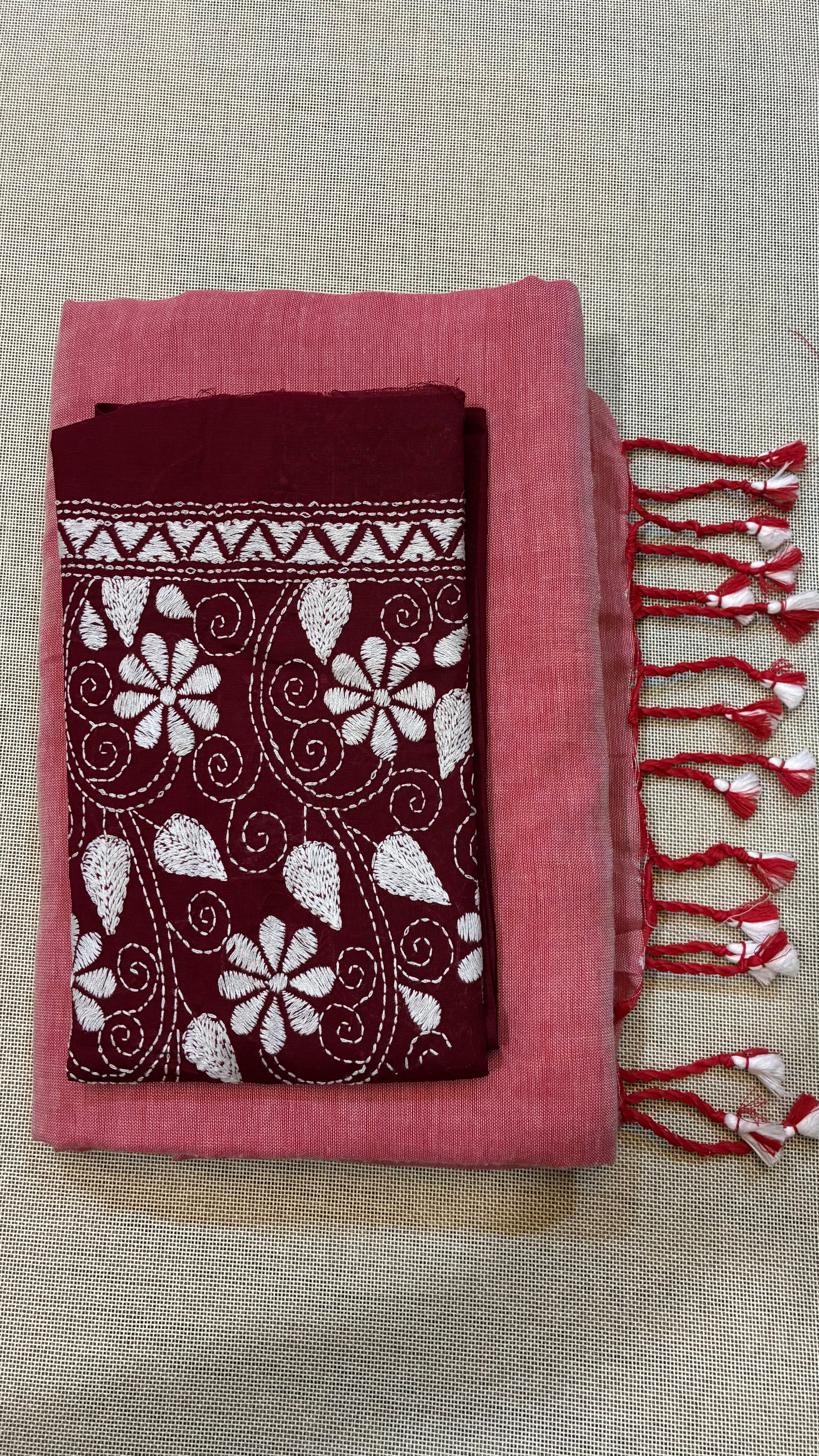 Lifgt Red Khadi Saree with Kantha Work BP