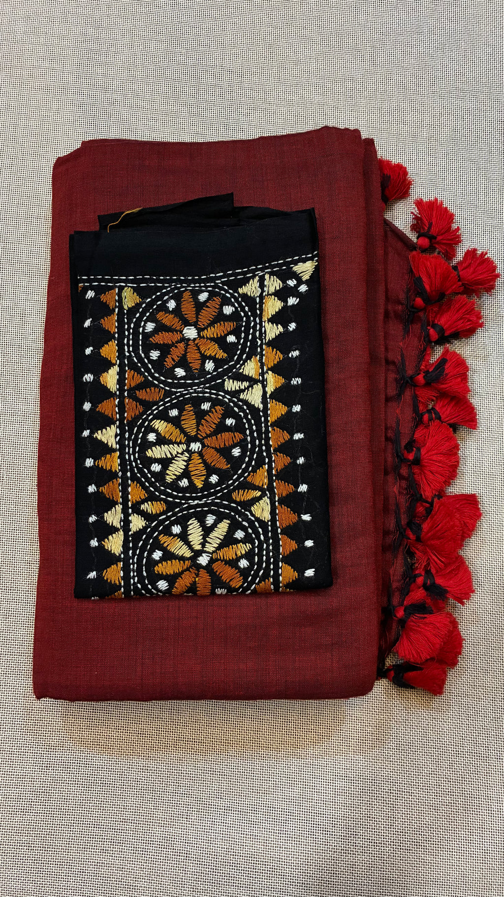 Red Khadi Saree with Kantha Work BP
