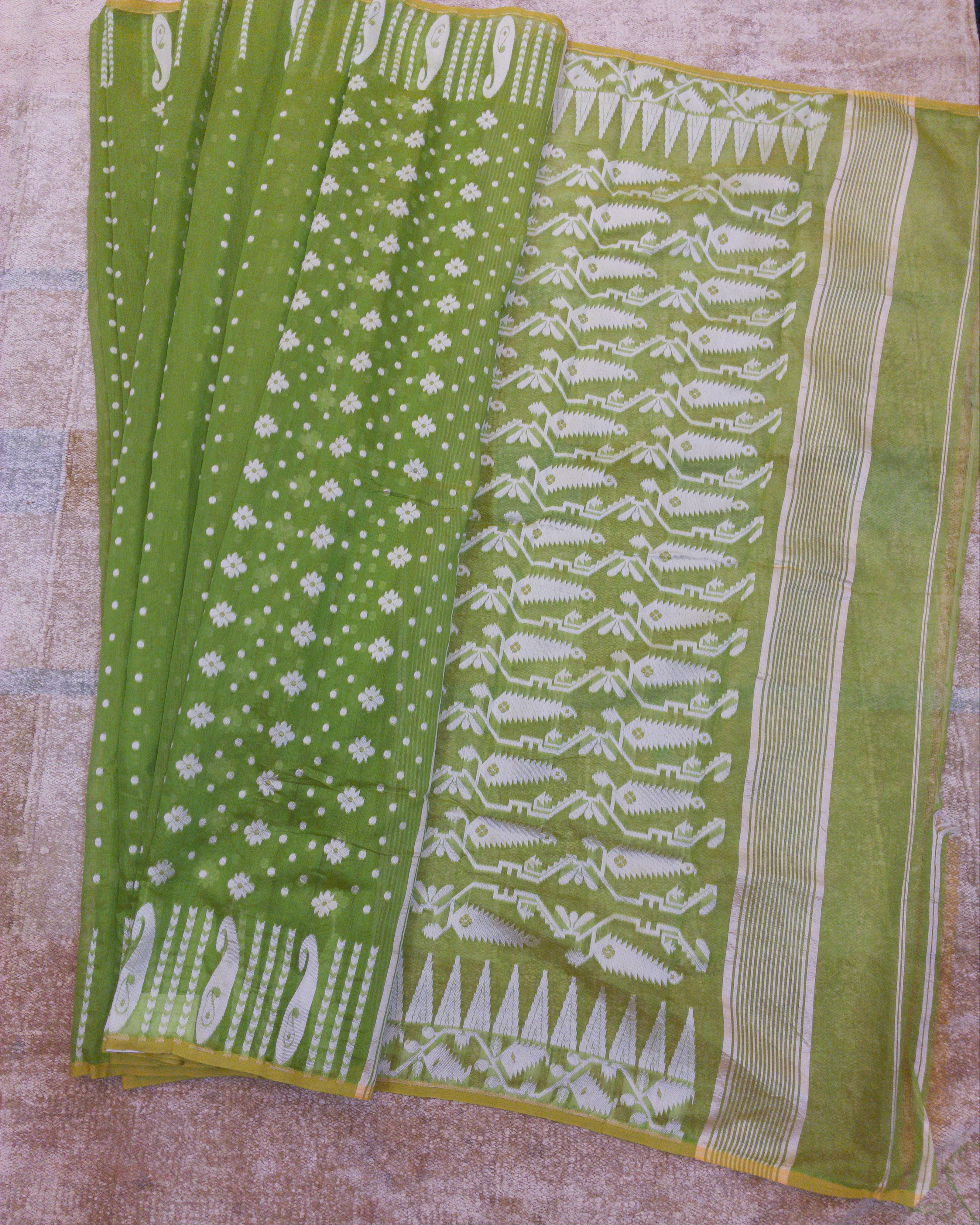 Lime Green Jamdani Cotton Butta Saree