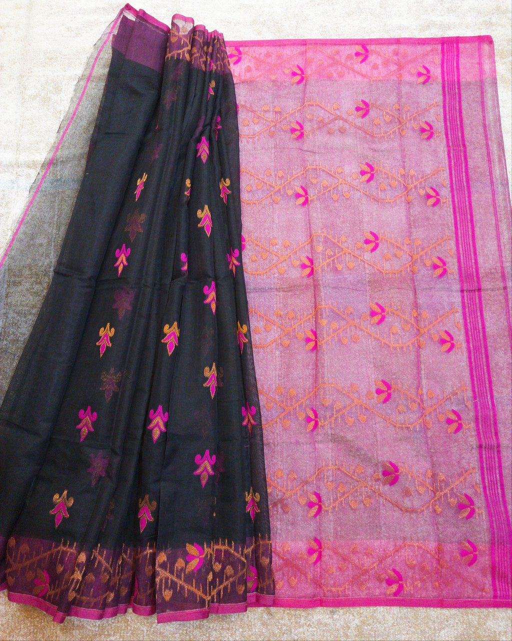 Resham Cotton Jamdani with Megenta Accent