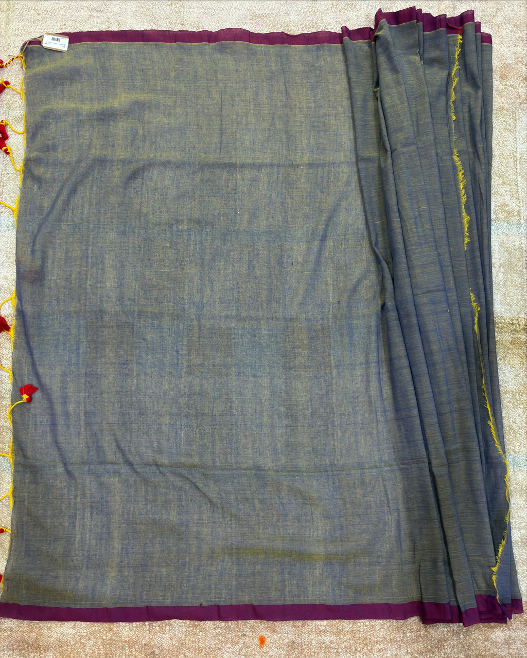 Grey with Soft Yellow Tint Khadi Saree with Kantha Work BP