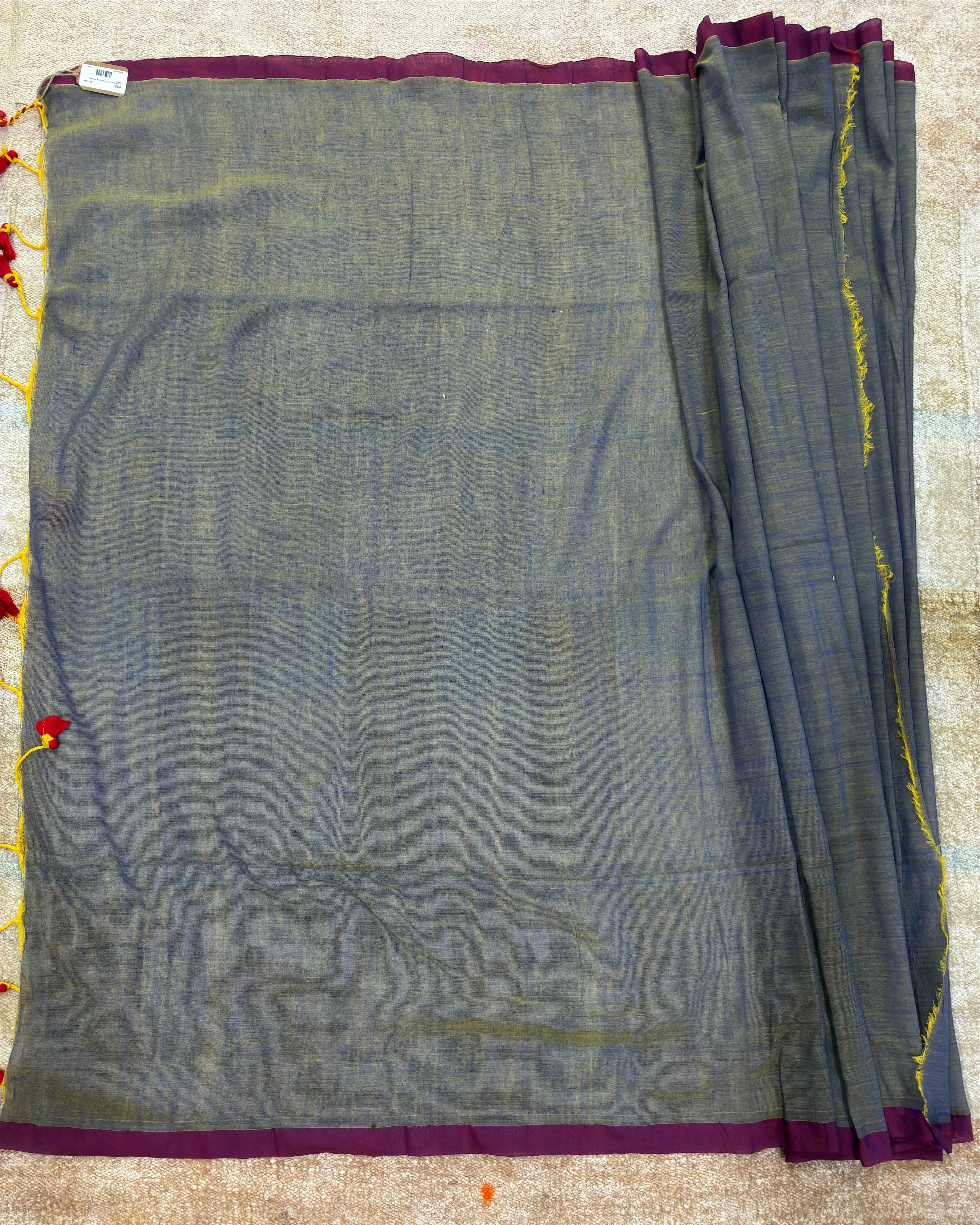 Grey with Soft Yellow Tint Khadi Saree with Kantha Work BP