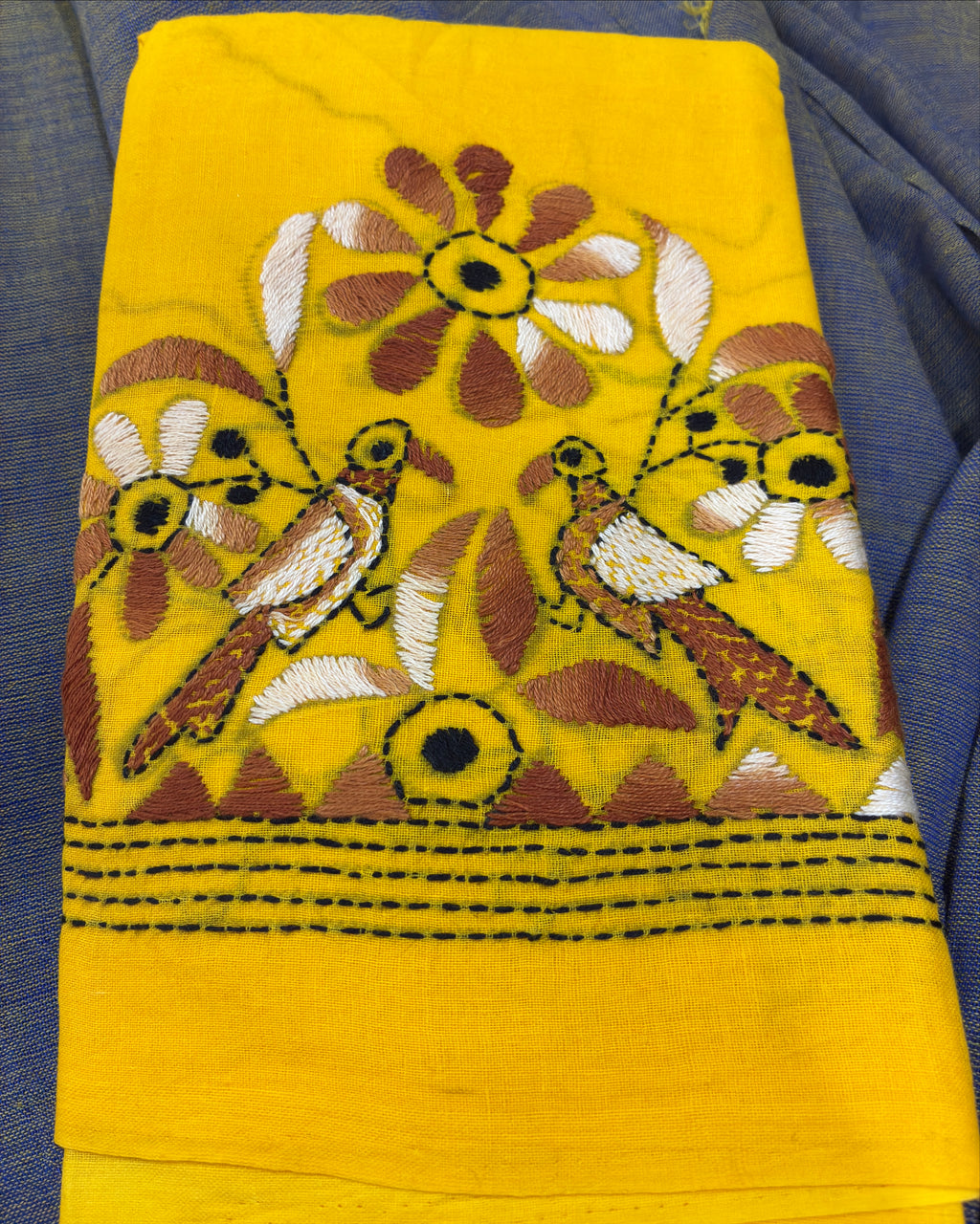 Grey with Soft Yellow Tint Khadi Saree with Kantha Work BP