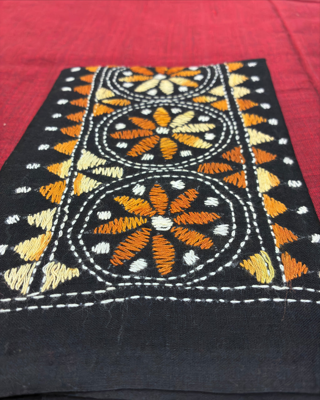 Red Khadi Saree with Kantha Work BP