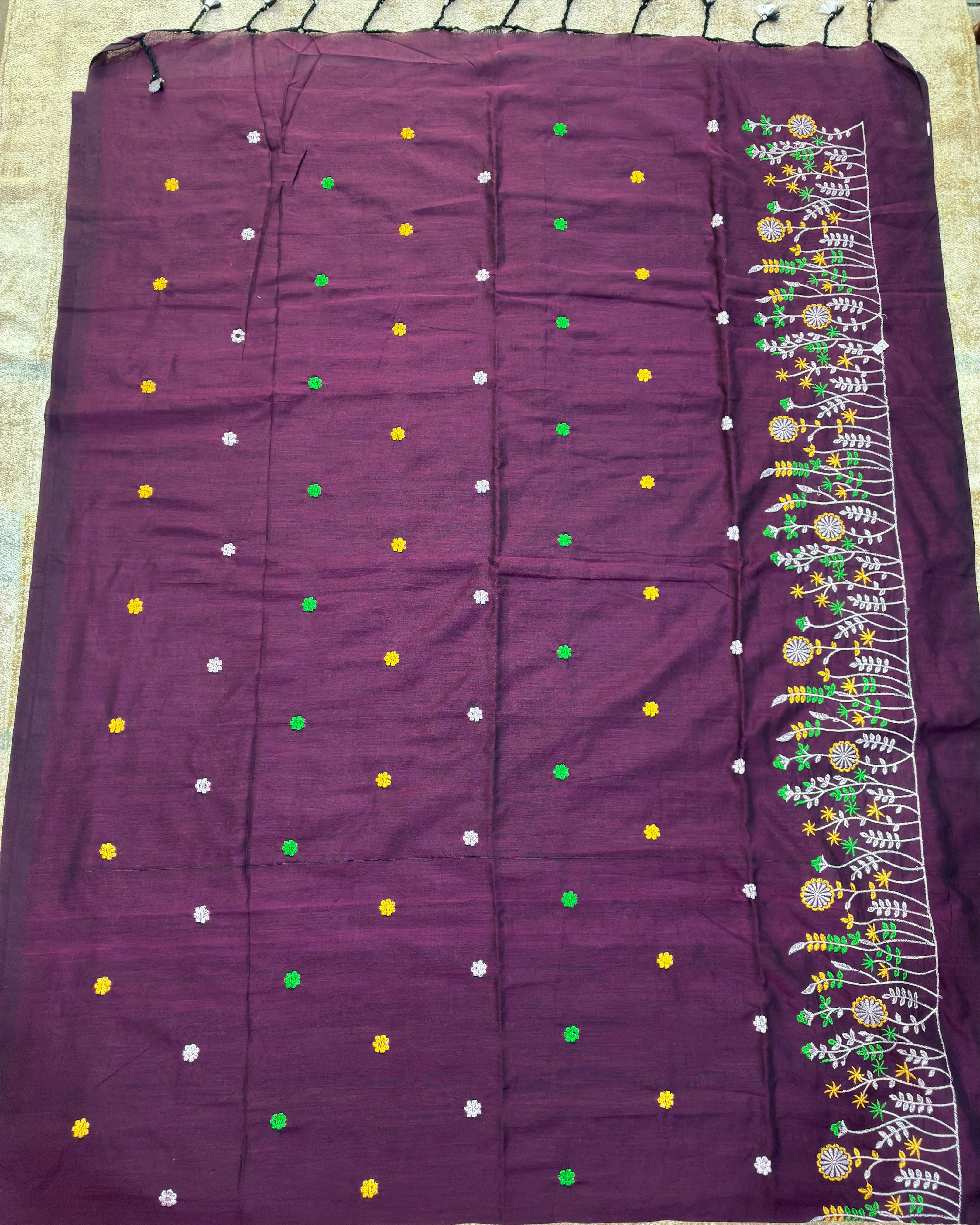 Wine Khadi Saree with Floral Embroidery