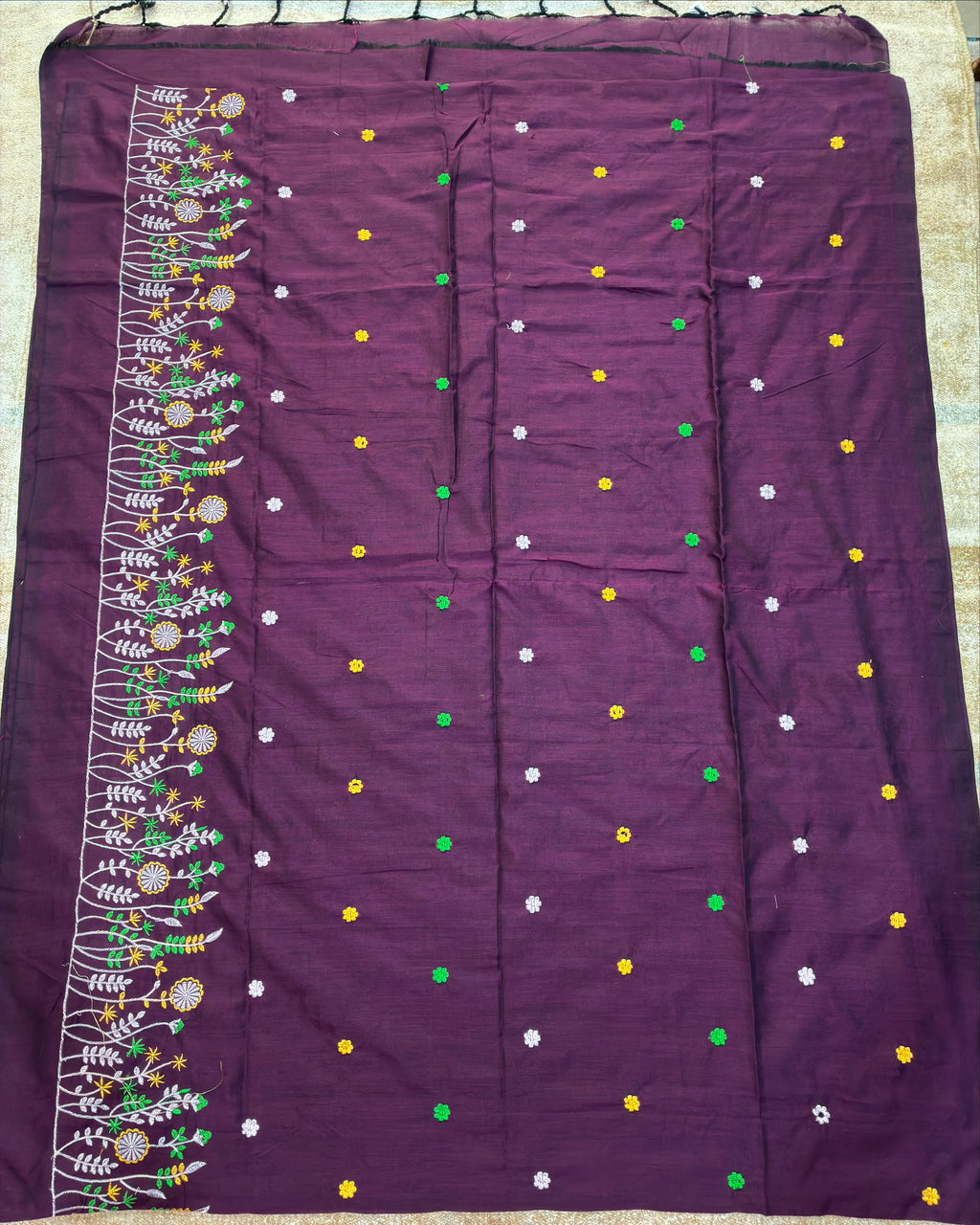 Wine Khadi Saree with Floral Embroidery