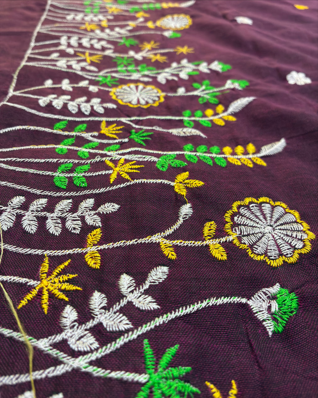 Wine Khadi Saree with Floral Embroidery