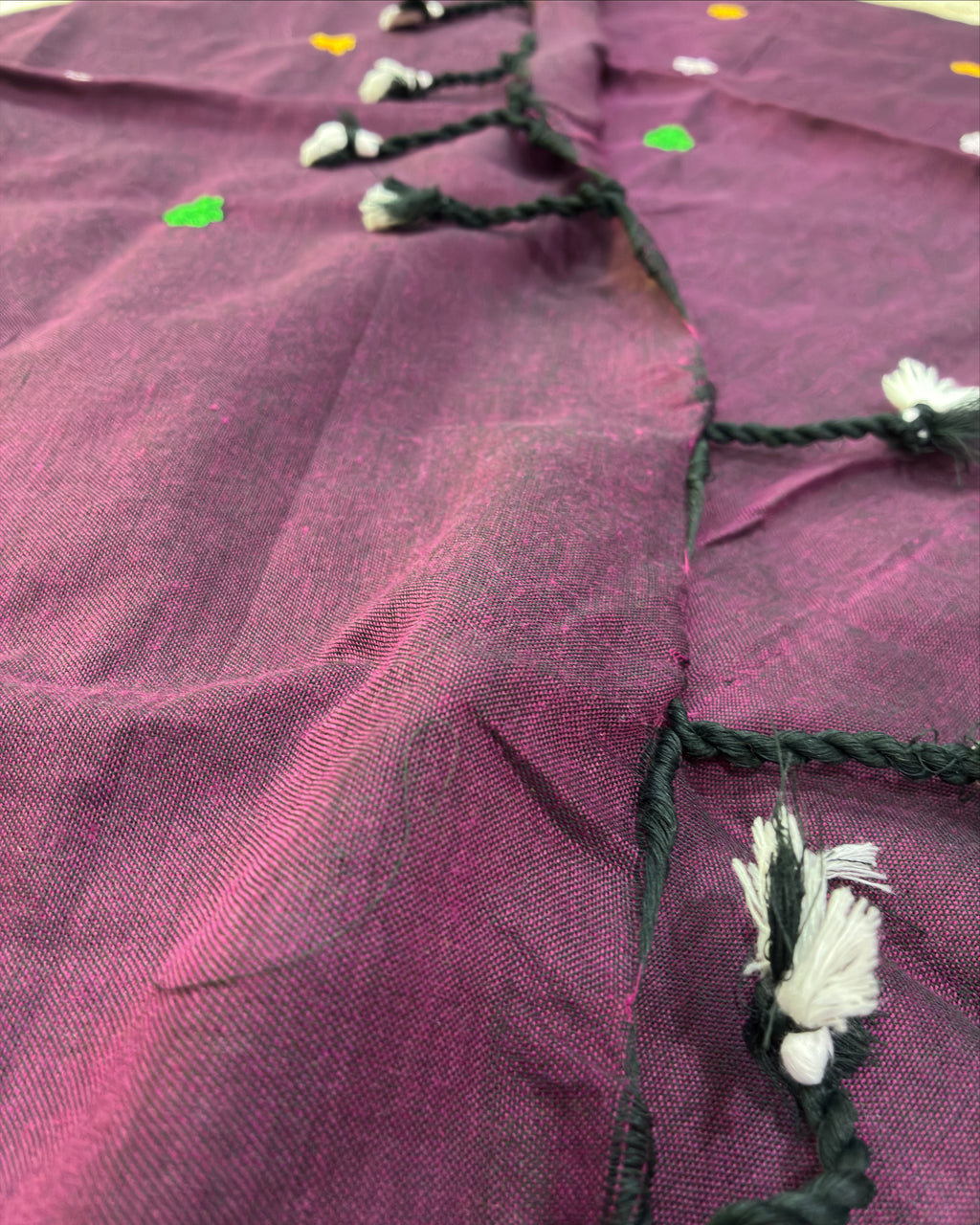 Wine Khadi Saree with Floral Embroidery