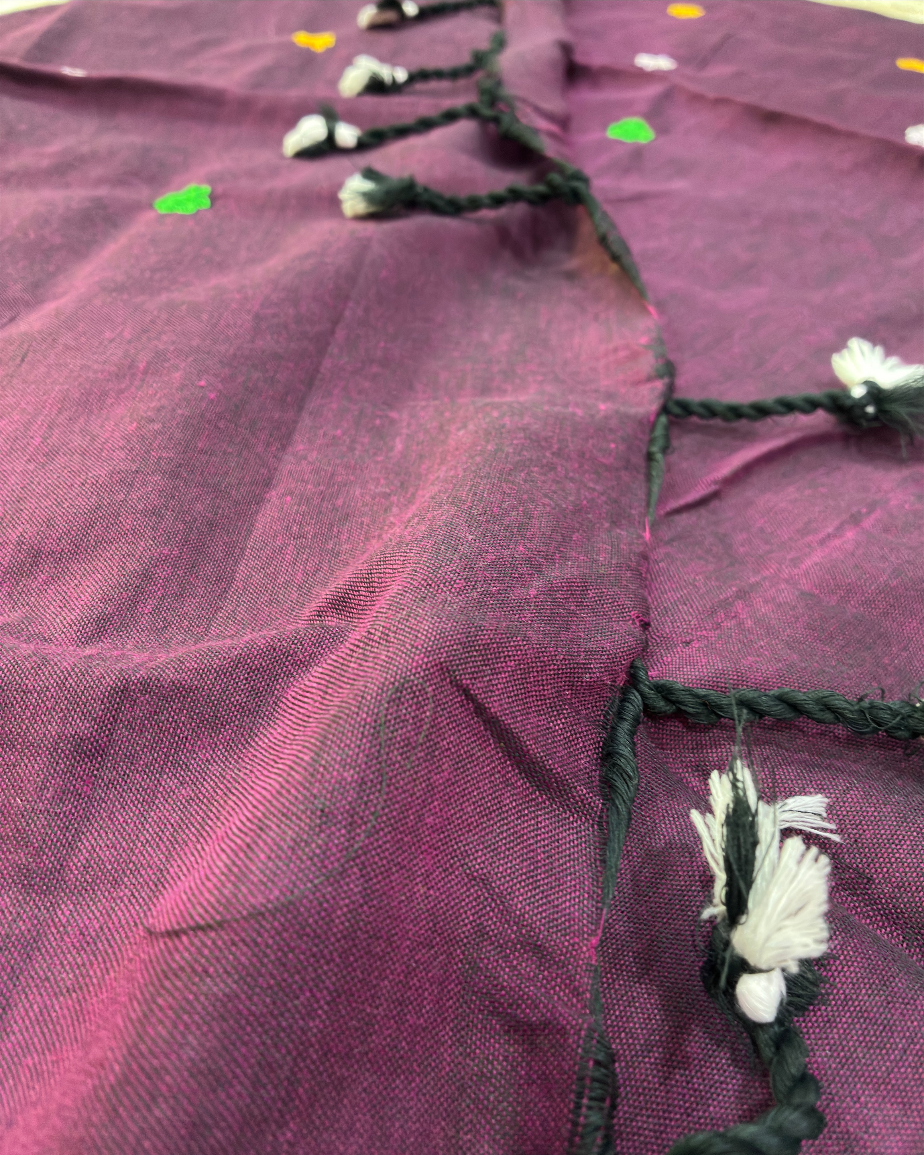 Wine Khadi Saree with Floral Embroidery