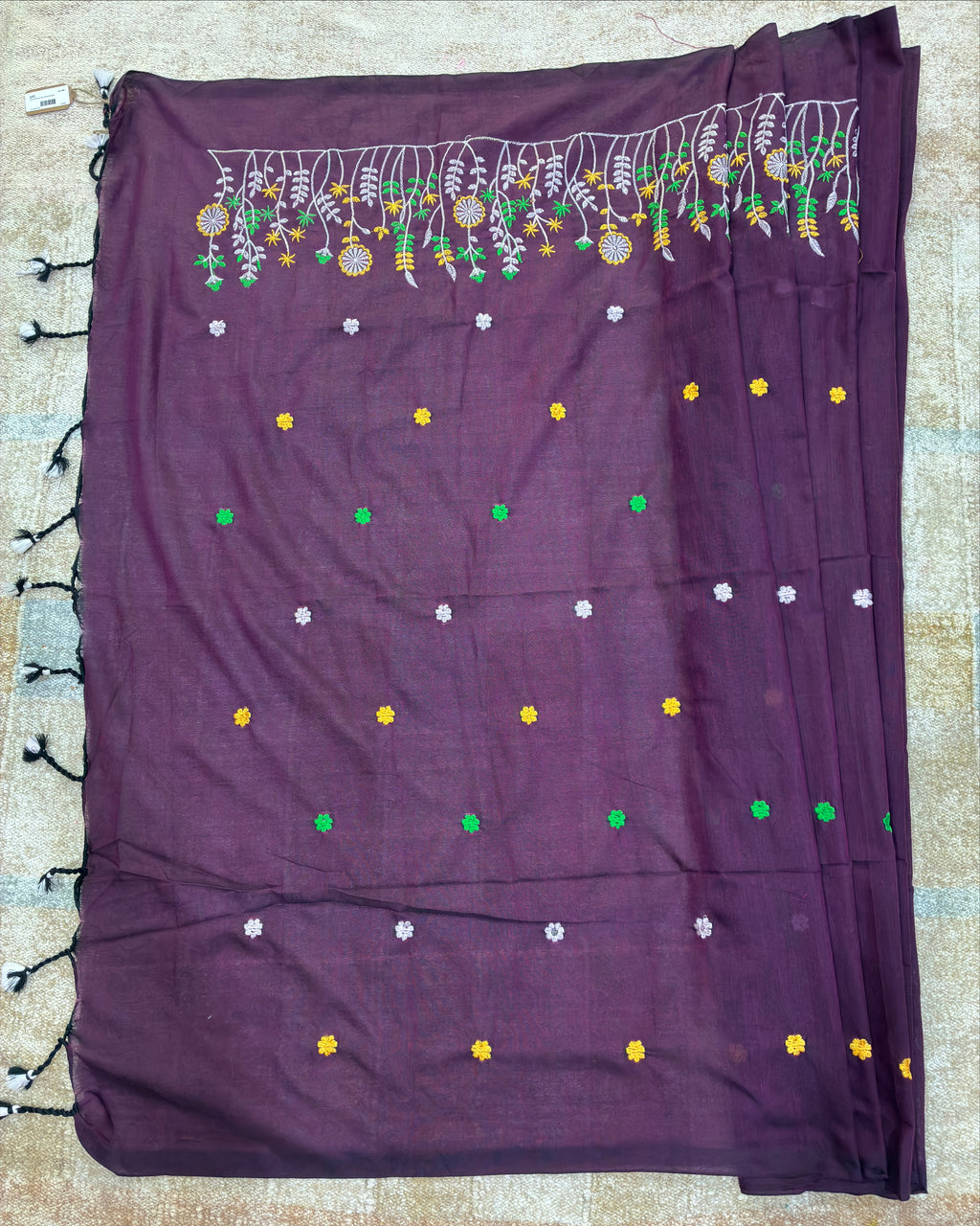 Wine Khadi Saree with Floral Embroidery