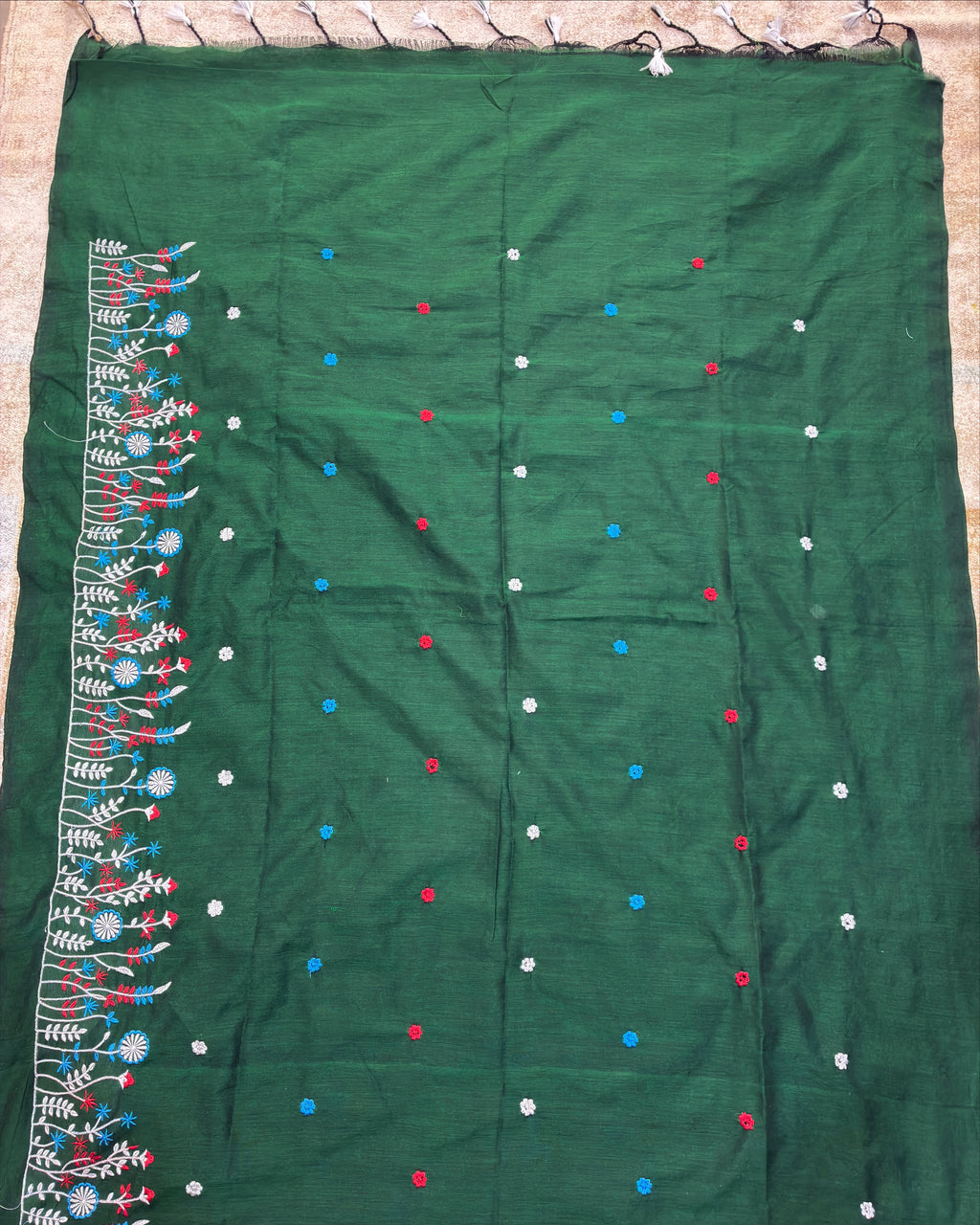 Bottle Green Khadi Saree with Floral Embroidery