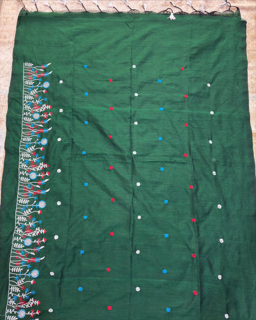 Bottle Green Khadi Saree with Floral Embroidery