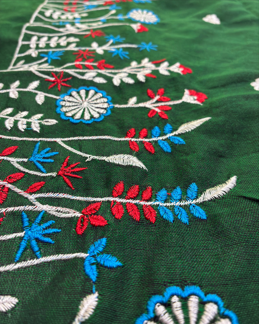Bottle Green Khadi Saree with Floral Embroidery